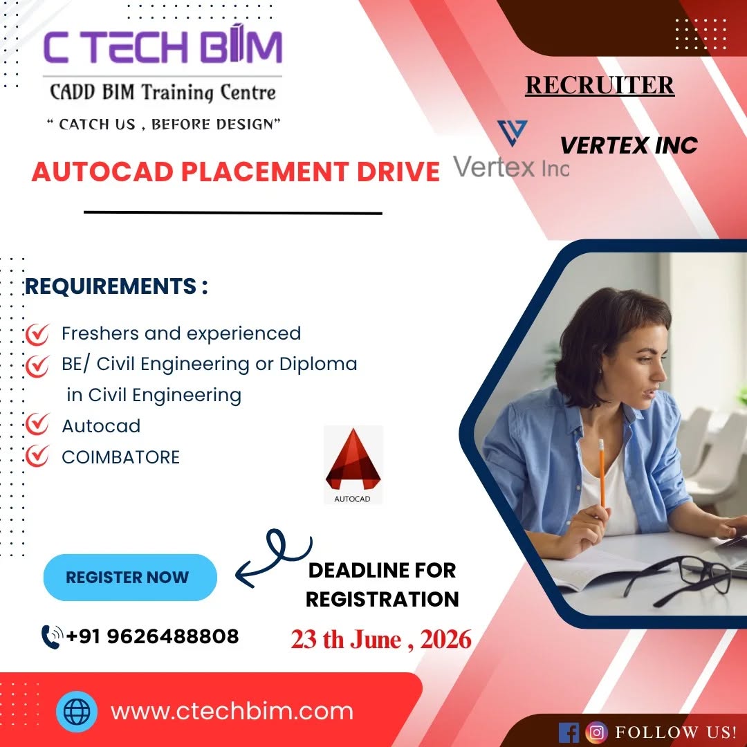 ctechbimโ๏ธ AUTOCAD PLACEMENT DRIVE 2026
๐ฅ๏ธKickstart your career with top opportunities in the civil field!
โ๏ธEligibility:
โ๏ธB.E Civil Engineering
โ๏ธ0-1 Year Experience
โ๏ธAutoCAD Knowledge
๐Coimbatore
๐บRecruiter: Vertex Inc
๐๏ธLast Date to Apply: 23th June 2026
๐Contact: +91-9626488808
๐www.ctechbim.com
๐Don't miss this chance to get placed! Register now and build your future.
#civilengineer #autocad #ctechbim #civilrights #engineer