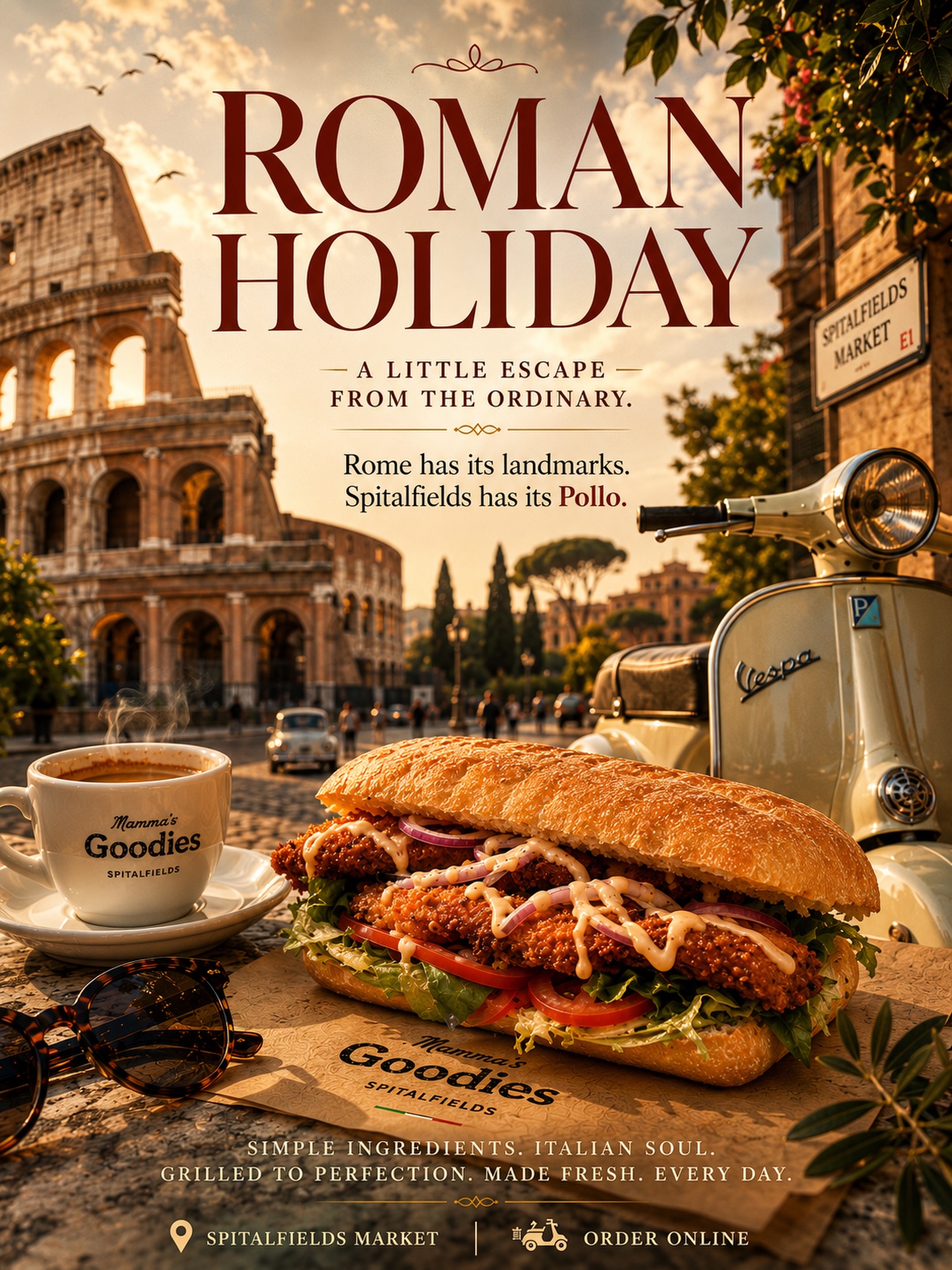 Some people take a holiday to Rome.
Others take a lunch break to Spitalfields 🤍
Meet the POLLO: golden chicken, fresh salad, toasted bread and all the flavours of an Italian escape 🇮🇹🥪
🎬 ROMAN HOLIDAY
📍 Spitalfields Market
🛵 Order online via the link in our bio
#RomanHoliday #MammasGoodies #chickensadnwich #SpitalfieldsMarket #ItalianFood