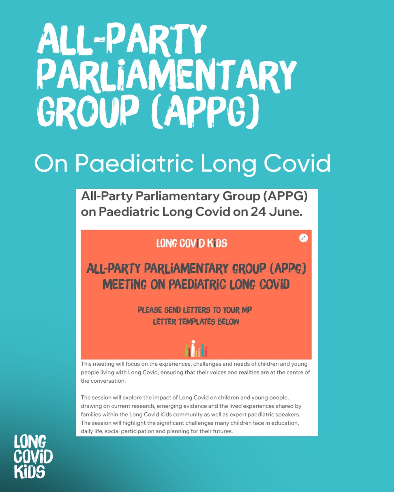 All-Party Parliamentary Group (APPG) on paediatric Long Covid will take place in London on the 24th June.
This meeting will focus on the experiences, challenges and needs of children and young people living with Long Covid, ensuring that their voices and realities are at the centre of the conversation.
Please help us reach more people by downloading the letter templates in our blog, editing them and sending them to your local MPs.
More info can be found in our latest blog. Link in bio.
#longcovid #longcovidkids #longcovidrecovery #parliament #paediatrics