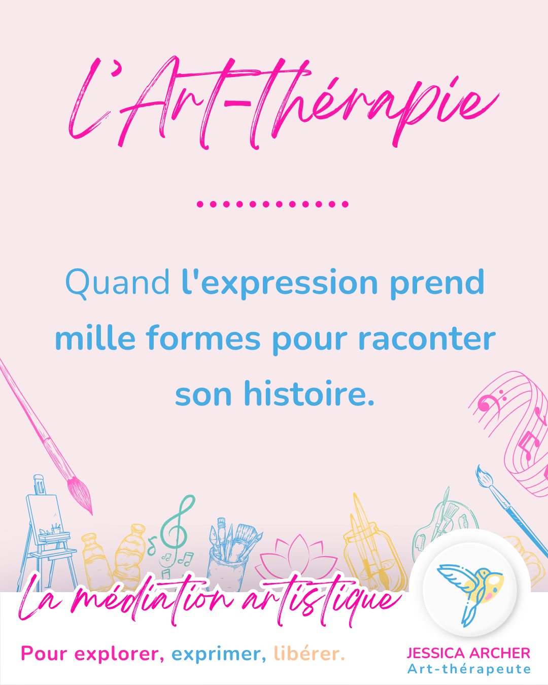 ✨ Quand l'expression prend mille formes pour raconter son histoire. ✨
L’art-thérapie offre un espace créatif et sécurisé où le geste, la couleur et la matière permettent de mettre en lumière ce qui se vit à l’intérieur.
🎨 Le Mixed Media au service du soin : Peinture, modelage, collage, cartes émotionnelles ou musicothérapie... Ici, chaque outil s'adapte à vos besoins. Rien n’est imposé. Même dans le silence, la création et le soutien émotionnel éclairent ce qui demande attention pour vous aider à avancer avec clarté.
🌿 Laissez émerger ce qui attend d’être vu.
Jessica Archer | Art-thérapeute & Plasticienne
📩 Sur rendez-vous, dans les espaces bien-être Cocoon à Paris
📧 contact@jessicaarcher.fr
📞 07 49 95 57 05
🌐 www.jessicaarcher.fr
#ArtTherapie #SoutienEmotionnel #ArtTherapieParis #ExpressionEmotionnelle #MixedMedia #CreativiteTherapeutique #BienEtreParLArt #CheminInterieur #JessicaArcherArtTherapie #MieuxEtre #ParisBienEtre