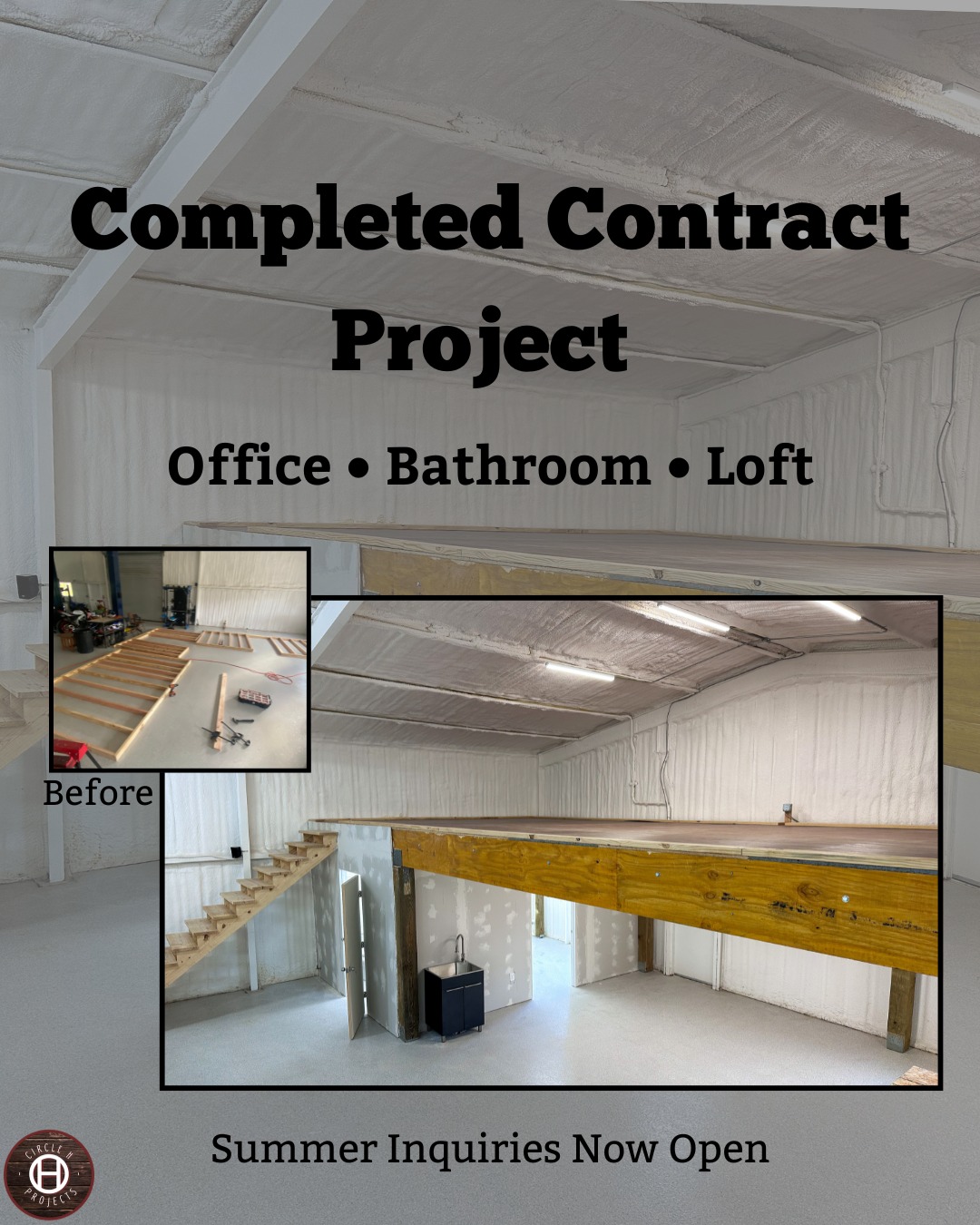 POV: You give the 22 year old a chance
This project, located in Hearne, TX, was a 40' L x 16' W x 9' H Construction Project that was built within an existing metal structure. The client wanted a large open space and also something that fit a comfortable budget. We were able to fit both of those needs and make a great area for storage, relaxation, and getting work done.
Here at Circle H Projects, we make sure that quality is our top priority, making sure everything looked good, was sturdy, and wouldn't break. With fair pricing and dedication to the job, we were able to successfully complete our first large contract job with both the client and ourselves being very happy about the overall project. The client is doing the railings and painting himself, but everything done was through Circle H Projects or our subcontractors. Shoutout to @abc.texas, @buildersfirstsource, @poleandtimber, @menardshomeimprovement, @homedepot, and @loweshomeimprovement, for providing all the materials and parts needed to complete this job.
Also, specially shoutout to our crew for working hard and getting the job completed, as well as everyone else who has provided support and knowledge along the way.
Circle H Projects is ready to get this summer rolling with contract jobs, and we're here to make your dreams become reality.