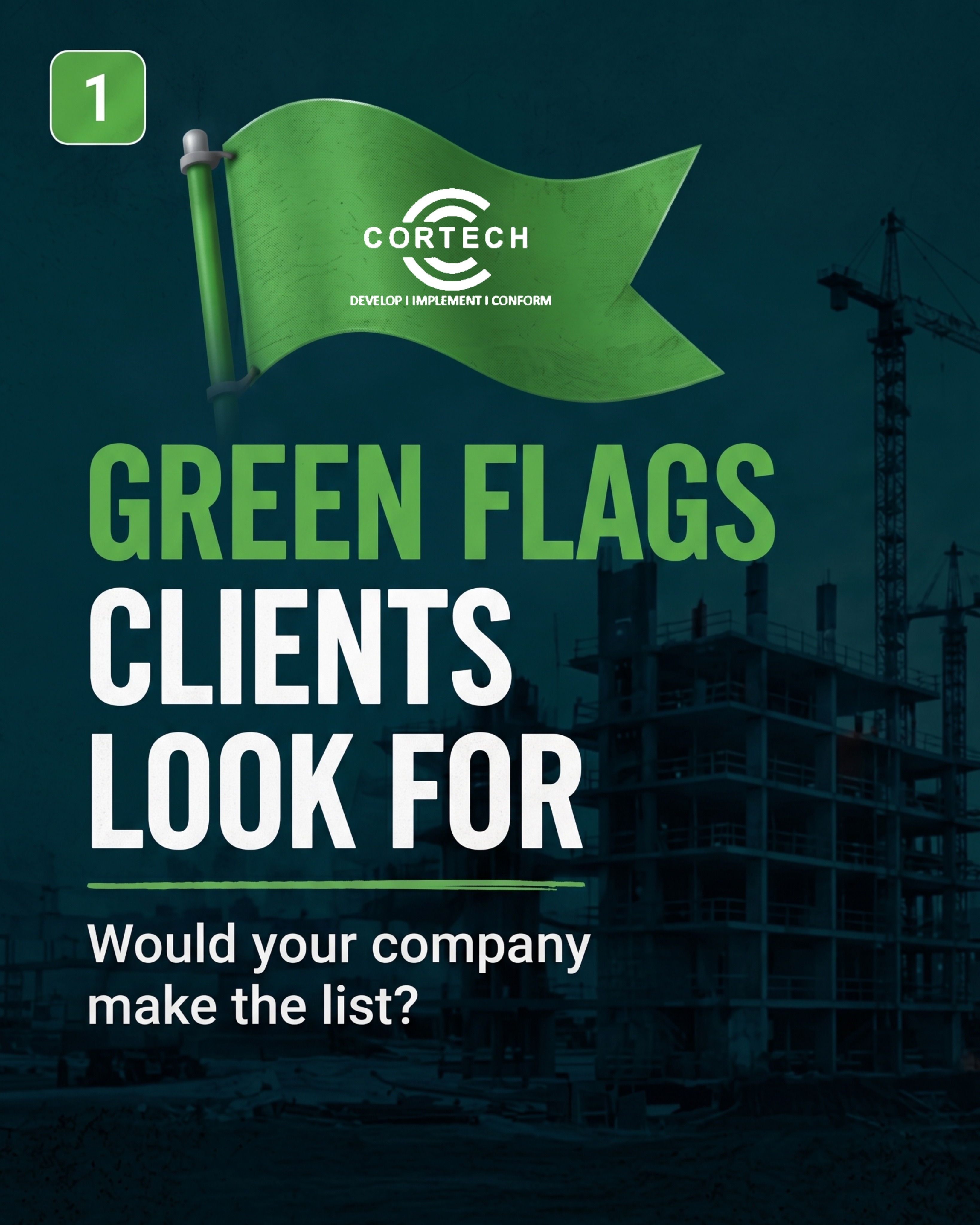 🟢 Green Flags Clients Look For...
When clients hire a contractor, they’re not just looking at price.
They’re looking for signs that the work will be completed safely, professionally, and without unnecessary risk.
Some of the strongest indicators include:
✔ COR Certification & ISO Management System Standards
✔ Up-to-date training
✔ Organized documentation
✔ Strong safety culture
✔ Audit readiness
If a client walked onto your site today, what would they see?
Would your company make the list?
If not, Cortech can help!
#ConstructionSafety #COR #SafetyCulture #WorkplaceSafety #ContractorManagement #HealthAndSafety #Cortech #iso