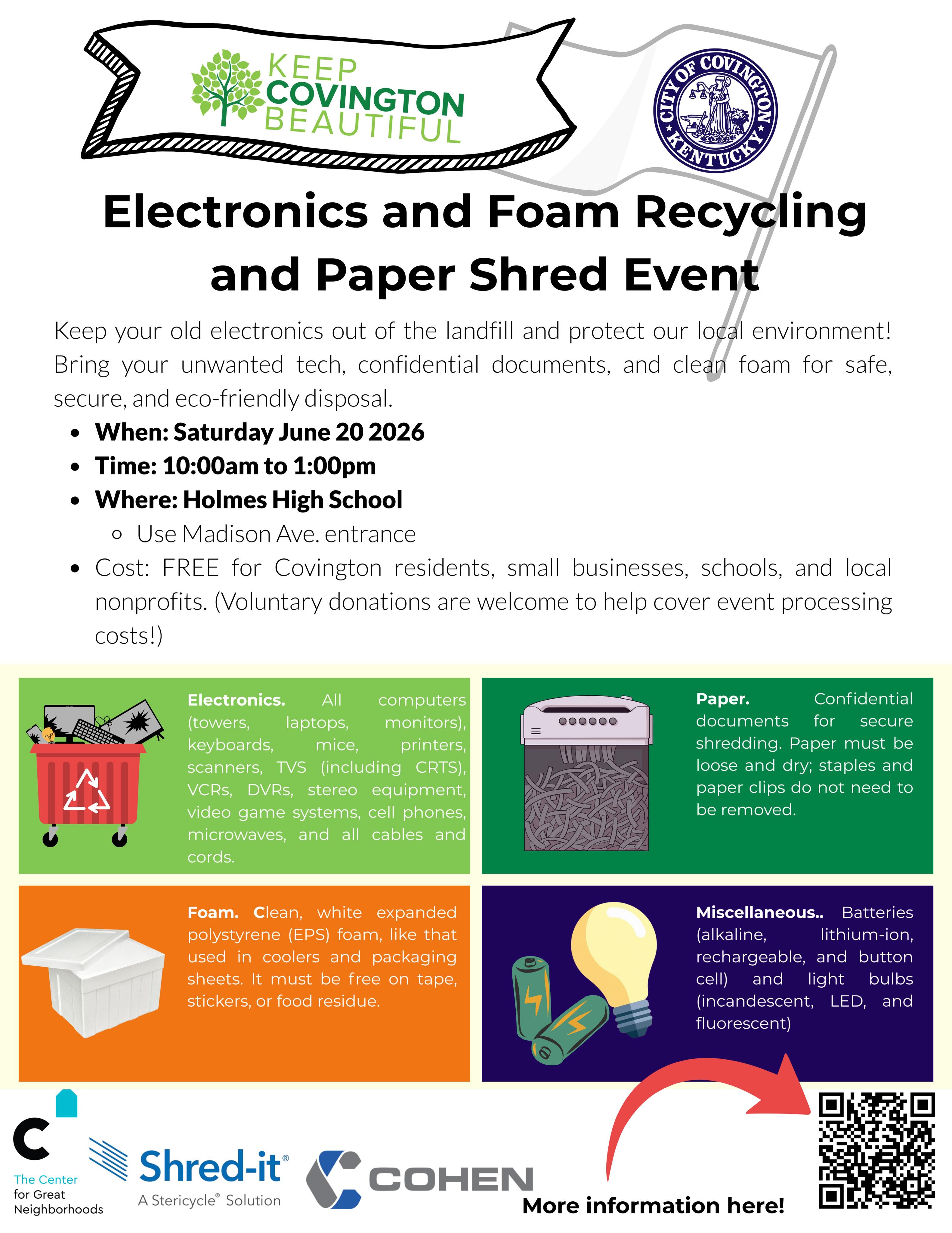 Please join us for the 2026 Electronics and Foam Recycling and Paper Shred Event on Saturday, June 20, 2026 from 10am to 1pm. Bring your unwanted tech, confidential documents, and clean foam for safe, secure, and eco-friendly disposal. For more information, click the link in our bio. Questions, contact sfields@covingtonky.gov.