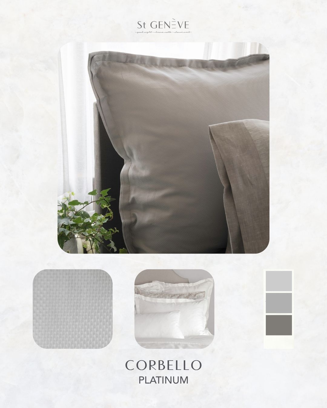 CORBELLO PLATINUM | JACQUARD
With immaculately tailored double flanges on the shams and a subtle pattern, this sophisticated basket weave jacquard can be mixed with both traditional and modern designs for the perfect textured look.
100% extra-long staple cotton
315 Thread Count
Fabric from Italy
Sewn in Canada
stgeneve.com/product-page/corbello-jacquard
#TextileArt #FabricDesign #PatternDesign #CreativeFabrics #DesignInspiration #FabricPatterns #HomeDecor #ContemporaryTextiles #DesignerFabrics #InteriorDesign #GeometricPatterns #ModernInteriors #TextileLovers #BeyondBotanicals