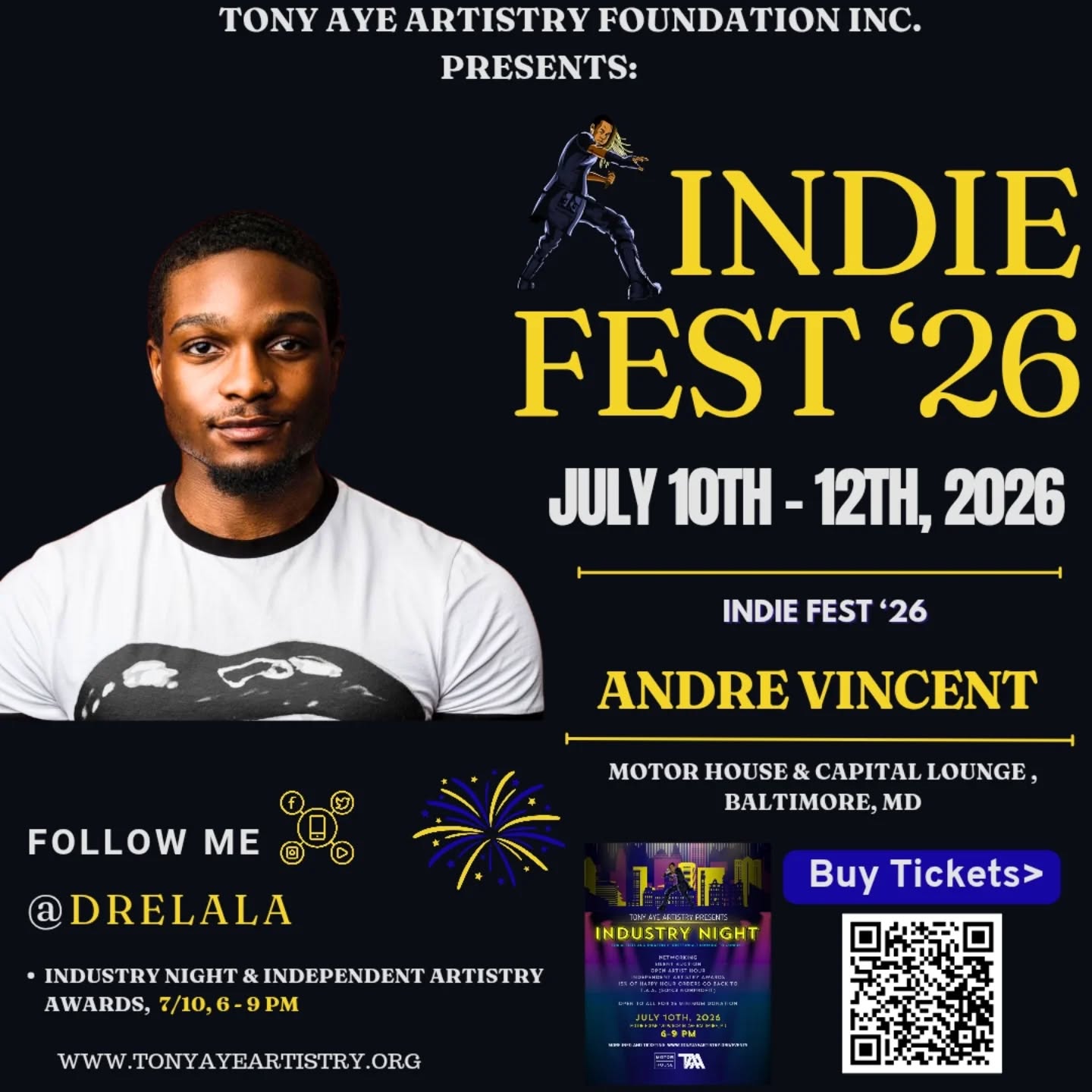 Now presenting our Indie Fest 2026 performers!
Coming to the Industry Night stage 7/10 is André Vincent @drelala
The Award Winning Singer-Dong Writer can be seen on a variety of stages in Baltimore and the DMV. Catch them at Baltimore Pride and stream his R&B hits that are bound to put you in your feels.
Buy your tickets now! You can get your V.I.S.P. ticket today for just $30 and join us at all the Indie Fest Weekend events including Industry Night, the Main Show, After Party and Brunch Social. Tickets available on our website and Eventbrite.
#TonyAyeArtistry #SummerFestival #IndieArtists #Baltimore #DMVevents