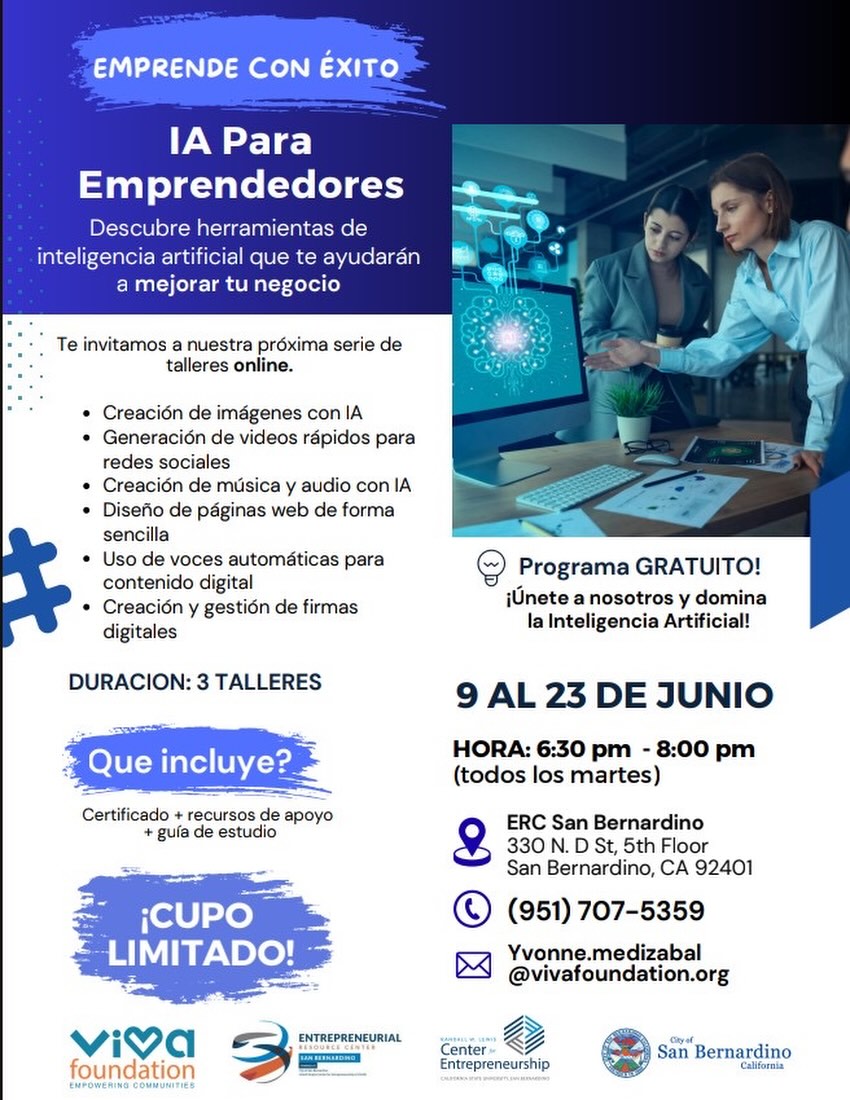🚀 ¡Emprende con éxito usando Inteligencia Artificial!
Nos emociona compartir este taller en colaboración con nuestra organización aliada Viva Foundation, una gran organización que apoya a dueños de negocios Latinos a iniciar, crecer y escalar sus empresas. 🙌
La inteligencia artificial ya es una parte esencial del mundo de los negocios. Hoy en día, saber usar herramientas de IA puede ayudarte a ahorrar tiempo, crear contenido, mejorar tu presencia en redes sociales, diseñar páginas web, automatizar procesos y llevar tu negocio al siguiente nivel.
📲 Este taller será completamente ONLINE y GRATIS.
Si tienes un negocio, estás empezando uno, o quieres aprender cómo la IA puede ayudarte a crecer, ¡no te lo puedes perder!
Y si necesitas ayuda para conectarte en línea, también puedes venir al Centro de Prosperidad y con gusto te ayudamos a conectarte y verlo desde aquí. 💻🌱
📅 Del 9 al 23 de junio
⏰ 6:30 PM - 8:00 PM
🎟️ Gratis | Cupo limitado
La tecnología está cambiando la forma de hacer negocios. Es momento de aprender, adaptarnos y prosperar. 🌱✨