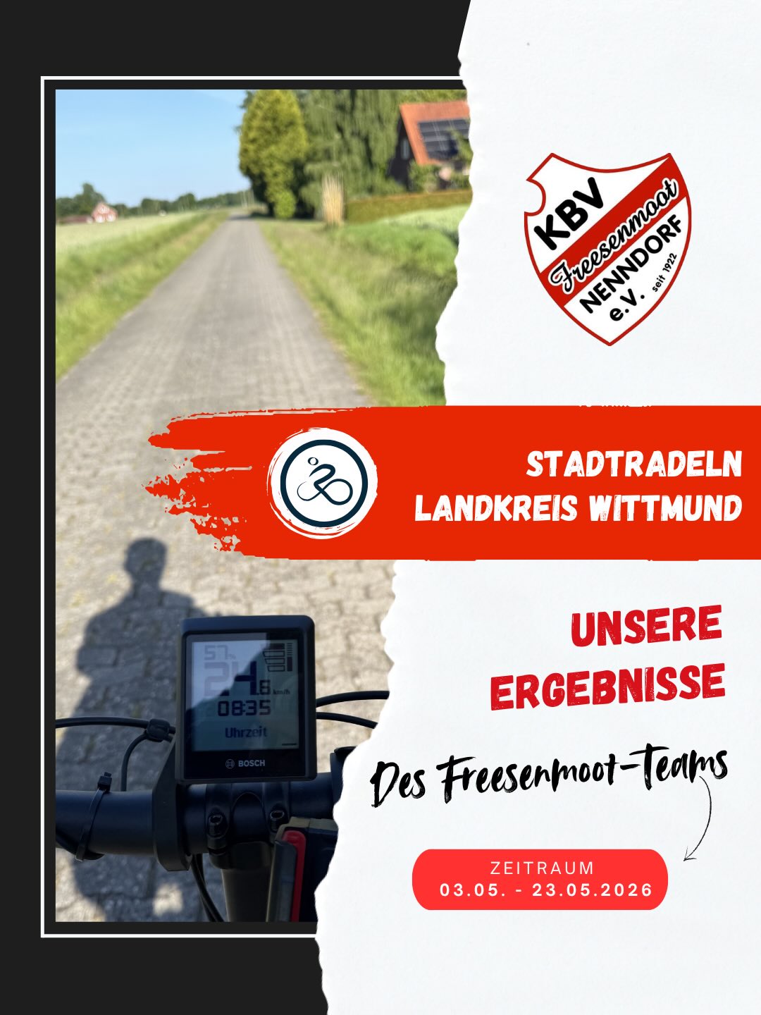 🚴♂️ STADTRADELN 2026 🚴♀️
Drei Wochen lang Kilometer sammeln, gemeinsam unterwegs sein und dabei etwas für Umwelt, Gesundheit und den Teamgeist tun – das war unser Ziel beim #Stadtradeln2026! 💚
Das Team KBV Freesenmoot Nenndorf hat im Landkreis Wittmund wieder kräftig in die Pedale getreten und dabei beeindruckende Kilometer gesammelt. 💪🚴
Ein riesiges Dankeschön an alle Teilnehmerinnen und Teilnehmer, die für unsere Farben unterwegs waren und jeden Kilometer möglich gemacht haben. Gemeinsam haben wir gezeigt, dass Teamgeist nicht nur auf der Boßelstrecke zählt! 🔥
📊 Unsere Ergebnisse:
🏅 25 Platz
🚴 17 Radelnde
📏 2029 km
🌱 Gemeinsam CO₂ eingespart und ein Zeichen für nachhaltige Mobilität gesetzt!
Wir sind stolz auf diese Leistung und freuen uns schon auf das nächste Jahr. 💚
#KBVNenndorf #FreesenmootNenndorf #Stadtradeln #Stadtradeln2026 LandkreisWittmund Teamwork Boßelsport GemeinsamStark KilometerSammeln Nachhalti