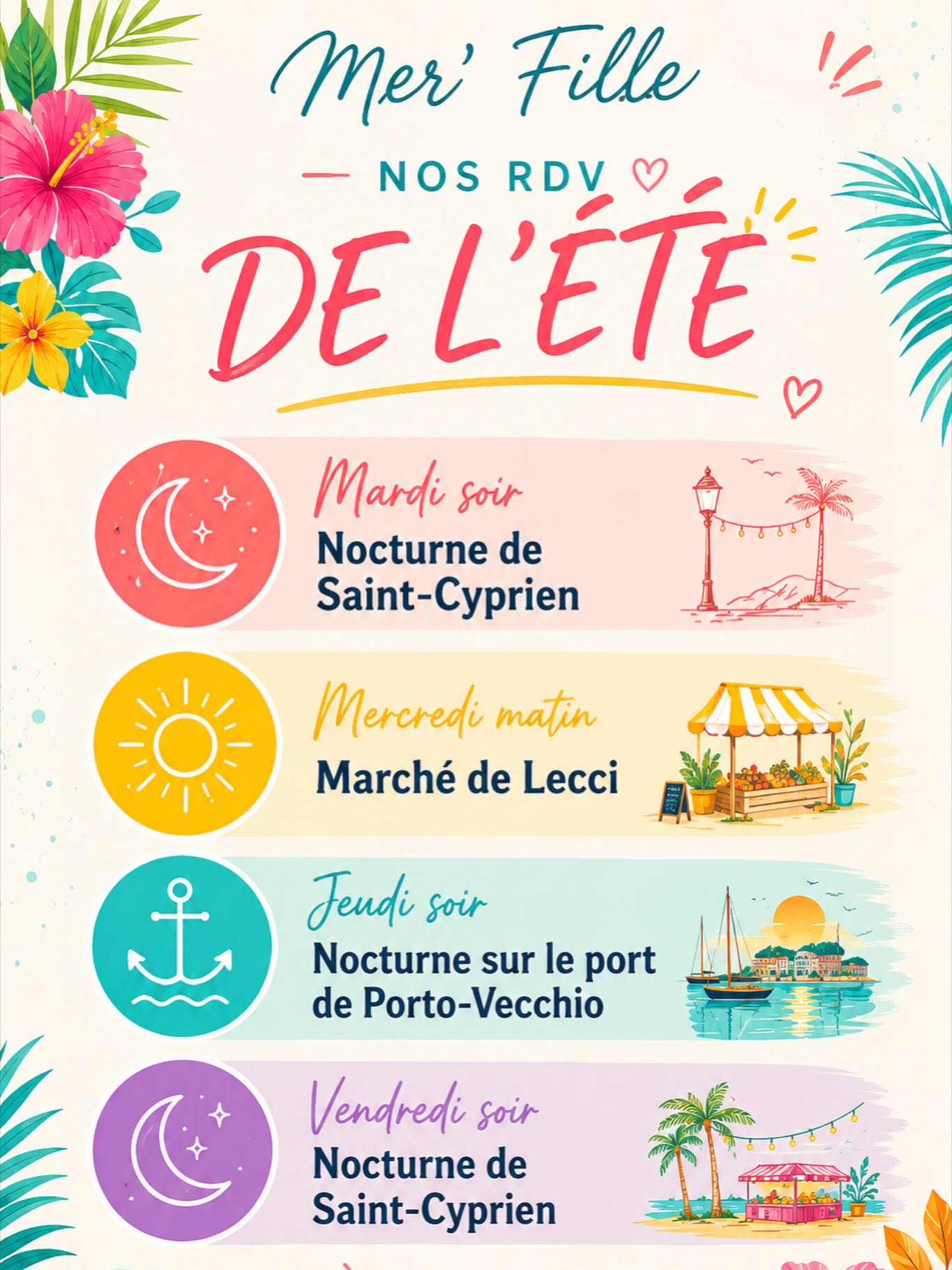 ☀️✨ Les rendez-vous Mer’ Fille de l’été sont lancés ! ✨☀️
Quel bonheur de vous retrouver tout au long de la saison sur les plus beaux marchés et nocturnes du Sud Corse. 🌴🌊
Retrouvez mes créations artisanales mère & fille, imaginées et confectionnées avec passion, lors de mes rendez-vous estivaux :
🌙 Mardi soir : Nocturne de Saint-Cyprien
☀️ Mercredi matin : Marché de Lecci
⚓ Jeudi soir : Nocturne du Port de Porto-Vecchio
🌙 Vendredi soir : Nocturne de Saint-Cyprien
Des pièces uniques, des couleurs d’été et toujours beaucoup de plaisir à échanger avec vous. 💕✨
J’ai hâte de vous rencontrer ou de vous retrouver tout au long de cette belle saison !
📍 Suivez les aventures de Mer’ Fille tout l’été
🌐 mer-fille.com
#MerFille #MadeInCorse #CréationArtisanale #ModeMereFille #PortoVecchio SaintCyprien Lecci MarchéArtisanal NocturneEstivale Corse ArtisanatCorse ModeÉthique Été2026 CréatriceCorse ☀️🌺💕