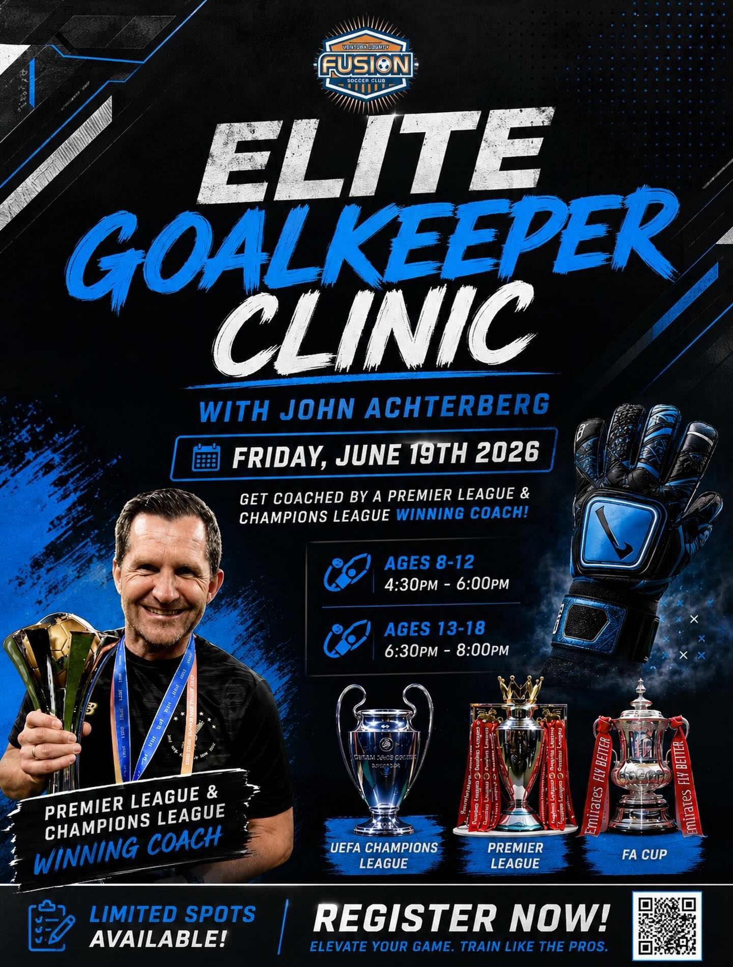Train like the pros! 🧤🔥 John is BACK!
Join us this June in Ventura for an Elite Goalkeeper Clinic with world-renowned GK coach John Achterberg — one of the most decorated goalkeeper coaches in modern football history.
🏆 3x FIFA Goalkeeper Coach of the Year
🏆 UEFA Champions League Winner
🏆 2x FA Cup Champion
🏆 2x EFL Cup Winner
🏆 2x Community Shield Winner
🏆 FIFA Club World Cup Champion
This is your chance to step onto the field and train the same techniques used by Premier League stars — directly from a coach who’s operated at the very top of the game.
⚡ Learn elite shot-stopping
⚡ Master positioning & decision-making
⚡ Train in a high-intensity, pro-level environment
Camp open to all levels!
Spots will go fast — don’t miss out.
👉 Register now – Link in bio!