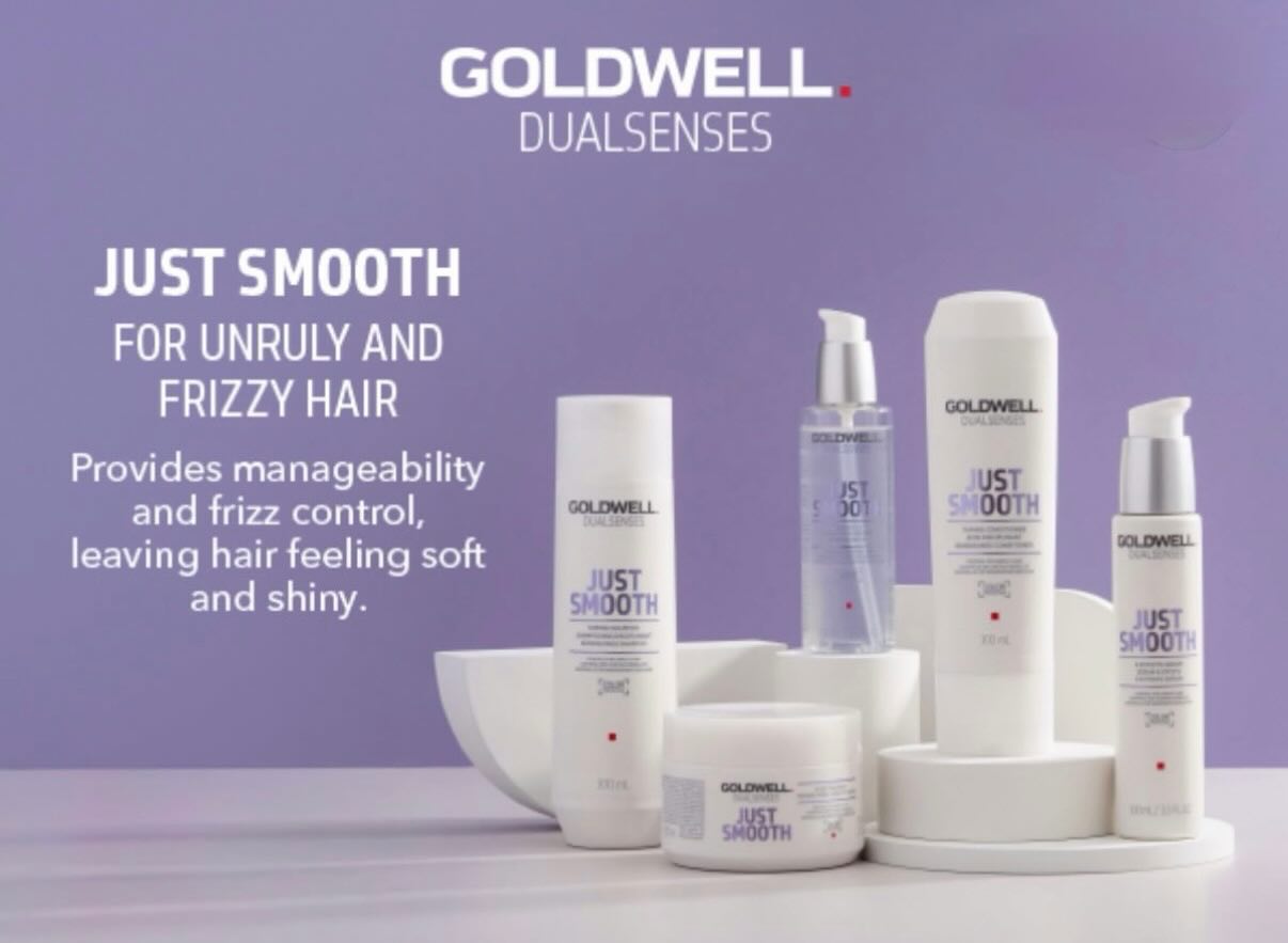 GOLDWELL JUST SMOOTH SHAMPOO & CONDITIONER-The perfect duo!!!Specifically designed for unruly and frizzy hair, instantly detangles, tames flyaways, provides radiant shine, and features a fadeStop formula that minimizes colour fading with every use.#whatdoesyourhairneed #goldwell #smoothhair #healthyhair #weknowhair