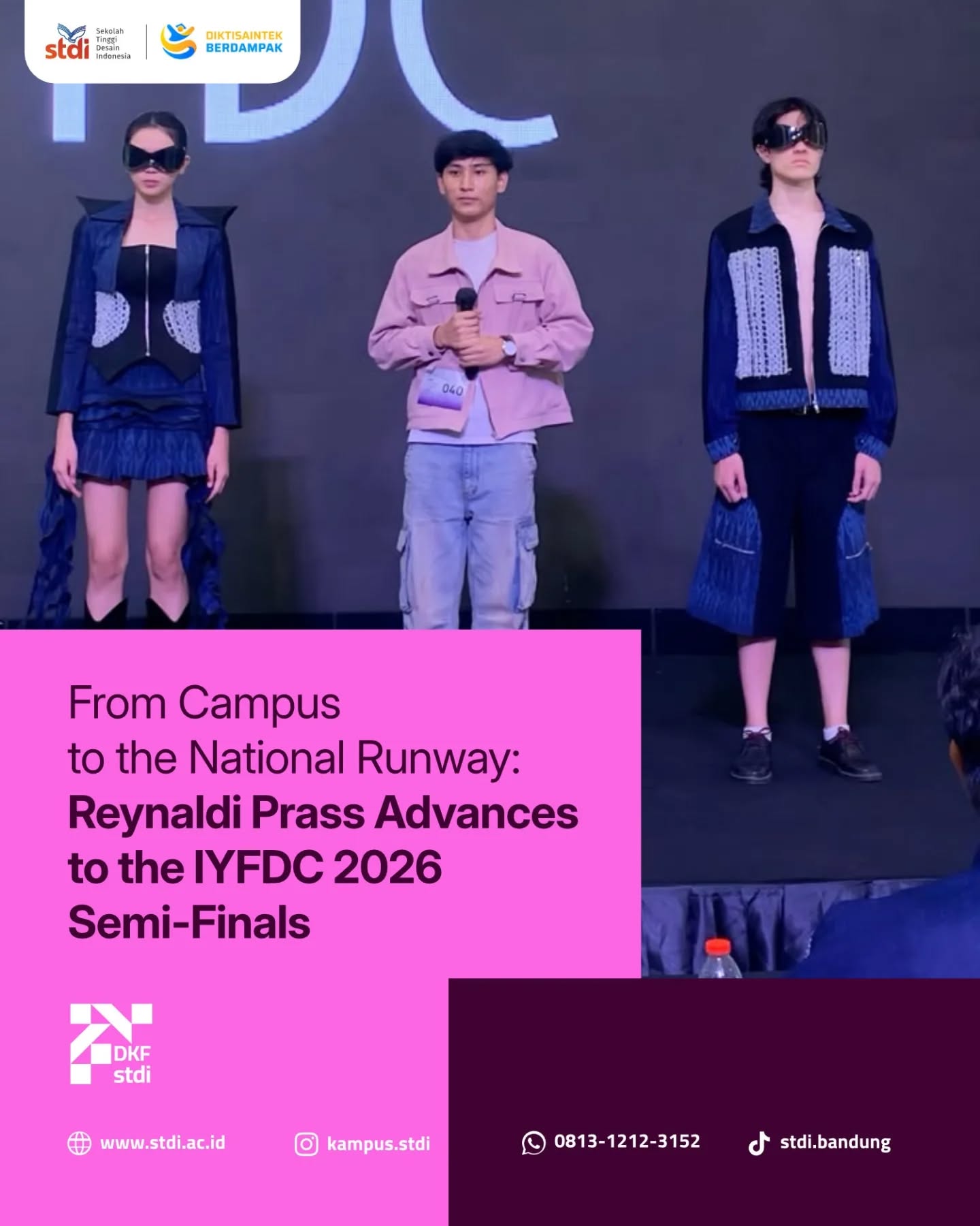Sekolah Tinggi Desain Indonesia mengucapkan selamat kepada Reynaldi Prass, mahasiswa STDI, atas pencapaiannya sebagai Semi Finalis Indonesia Young Fashion Designer Competition (IYFDC) 2026 yang diselenggarakan dalam rangkaian Indonesia Fashion Week 2026.
Keikutsertaan dalam kompetisi tingkat nasional ini menjadi bukti bahwa proses belajar, eksplorasi ide, dan keberanian untuk berkarya dapat membuka peluang untuk tampil di panggung yang lebih luas. Menembus tahap semi final merupakan pencapaian yang membanggakan sekaligus menjadi pengalaman berharga dalam perjalanan sebagai desainer muda Indonesia.
Semoga pencapaian ini menjadi motivasi untuk terus berkarya, mengembangkan kreativitas, dan menginspirasi mahasiswa STDI lainnya untuk berani menunjukkan potensi terbaiknya di tingkat nasional maupun internasional.
#STDI #SekolahTinggiDesainIndonesia #IndonesiaFashionWeek2026 #IYFDC2026 #FashionDesign MahasiswaBerprestasi DesainerMudaIndonesia