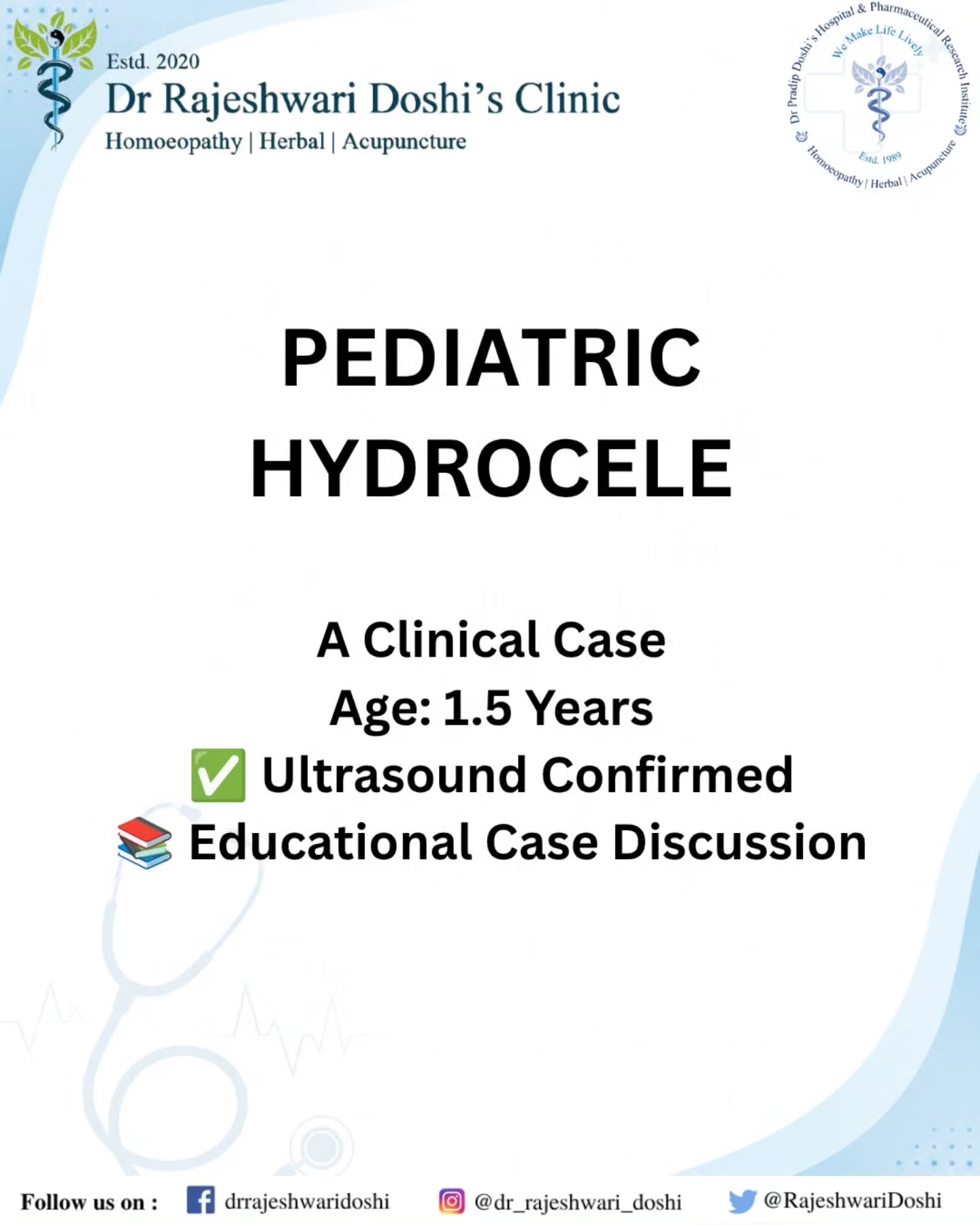 🔍 Pediatric Hydrocele: An Ultrasound-Confirmed Clinical Case
A 1.5-year-old child presented with right-sided scrotal swelling. The swelling became more noticeable during straining, particularly while passing stool.
Clinical examination and ultrasonography confirmed a right-sided hydrocele. A notable family history was present, with similar findings reported in the father and great-grandfather.
This case highlights the importance of proper evaluation of persistent scrotal swelling in children and demonstrates how detailed history-taking, physical examination, and ultrasonography help guide diagnosis and management.
Key Learning Points:
✓ Hydrocele is a common cause of scrotal swelling in infants and young children.
✓ Swelling may become more noticeable during crying, coughing, or straining.
✓ Ultrasound is an important tool for confirming the diagnosis.
✓ Any persistent scrotal swelling should be evaluated by a qualified healthcare professional.
📚 Swipe through to learn more about hydrocele and this interesting clinical case.
📍 Online & Clinic Consultations
📞 WhatsApp: +91 9426269283
⚠️ This case is shared for educational purposes. Individual cases vary and treatment should always be individualized under professional supervision.
#Hydrocele #PediatricHydrocele #ChildHealth #Pediatrics #CaseStudy Ultrasound Homoeopathy IntegrativeMedicine DrRajeshwariDoshi ParentEducation ChildCare MedicalEducation ClinicalCase Healthcare