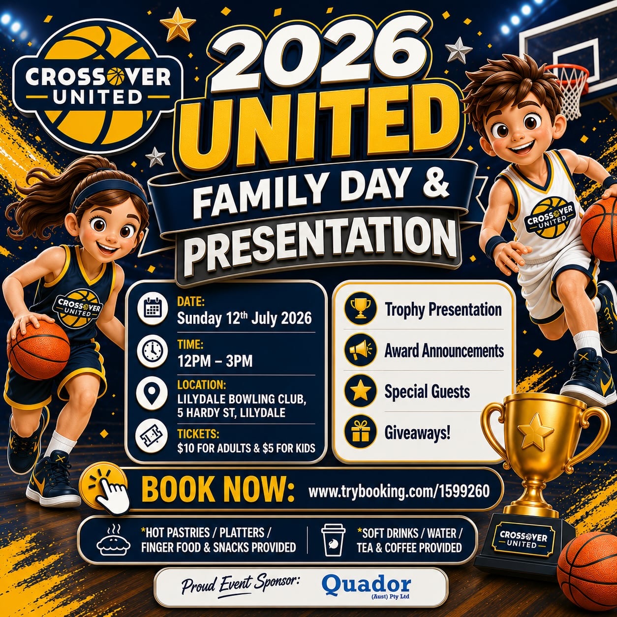 ๐ก Family Day & Presentation ๐ต
๐๏ธ Sunday 12th July 2026
โ๏ธ 12.00pm - 3.00pm
๐ Lilydale Bowling Club
๐๏ธ Tickets: www.trybooking.com/1599260
๐ฌ Invite to all current & new United players, family, friends, club supporters & sponsors!
๐๐ค๐ DRESS IN OUR CLUB COLOURS!
๐
Trophy presentation & Awards
๐คฉ Special Guests
๐ Giveaways
๐นEvent Sponsor: Quador Pty Ltd