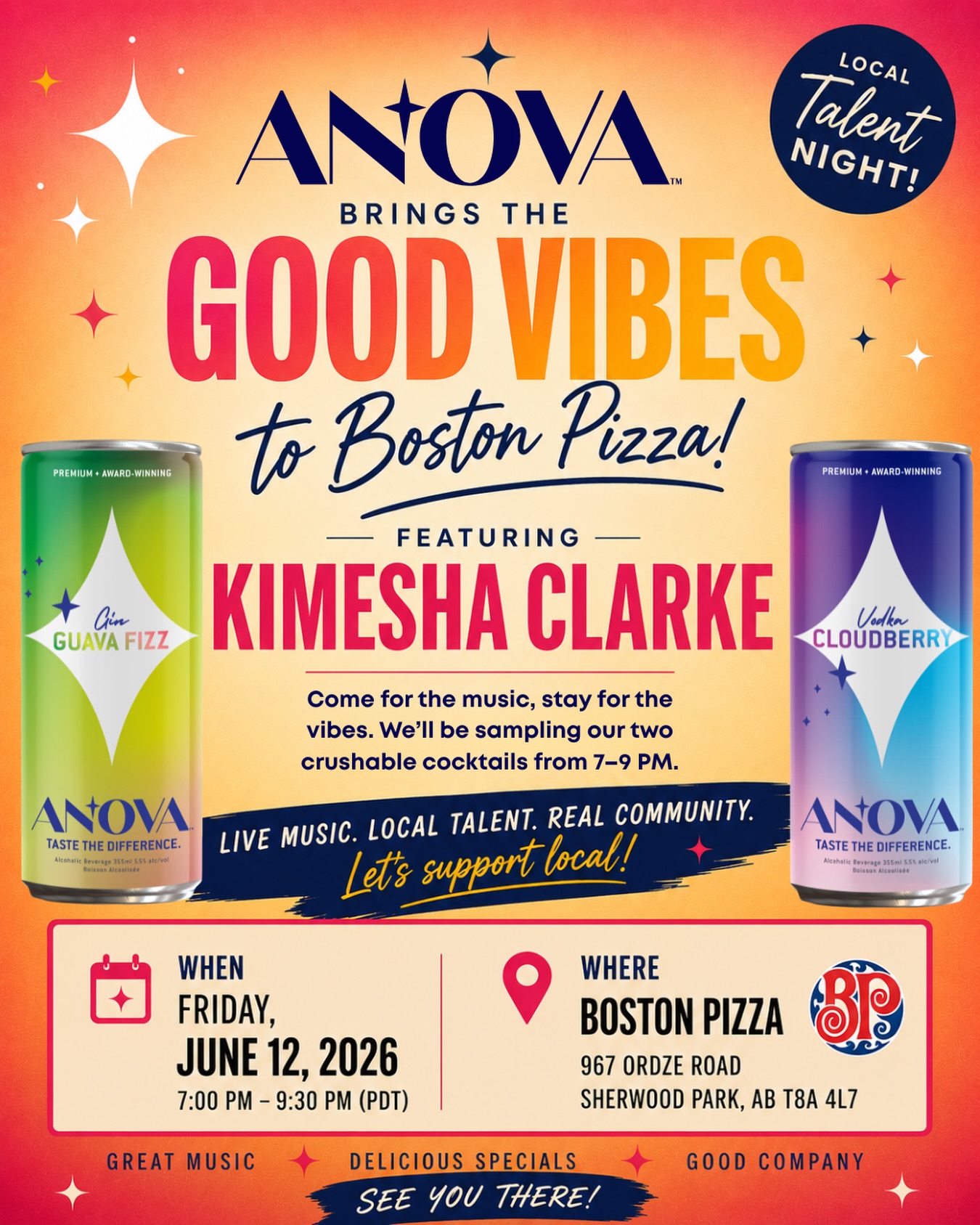 Live music, good company, and a couple of crushable cocktails to kick off the weekend. Join us at Boston Pizza from 7–9 PM as we sample our two favourite ANOVA flavours. See you there.