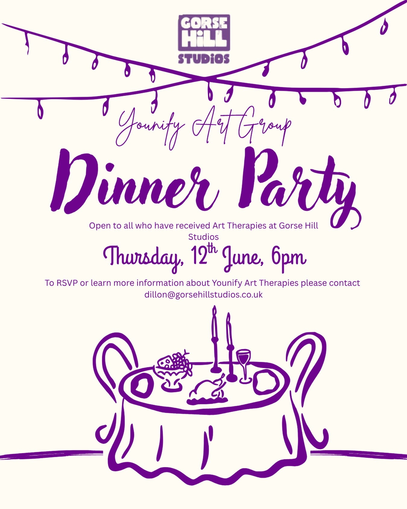 This Thursday!! 12th June
Younify Art Group Dinner Party 🎉
Open to all who have received Art therapies at Gorse Hill Studios 🫶🏽
RSVP email Dillon@gorsehillstudios.co.uk