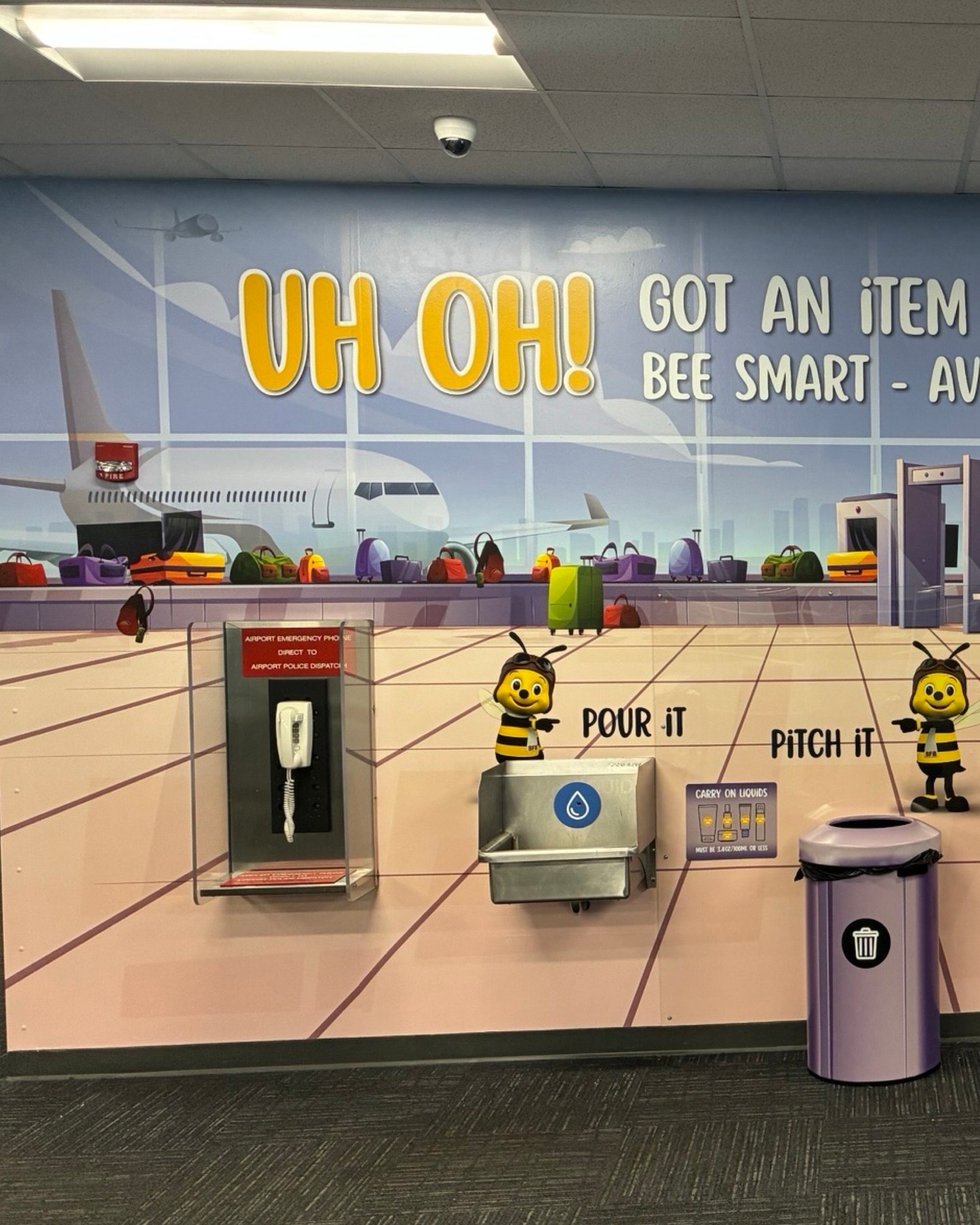 Buzzin’ in with a fresh new look 🐝✈️ This custom printed wall mural at Orlando Sanford International Airport (SFB) is a friendly reminder to ditch any items you can’t take on a plane.
Designed to catch attention and keep things moving, this piece helps travelers avoid security delays while adding a fun, eye-catching touch to the space.
Featured Client: @flysfb