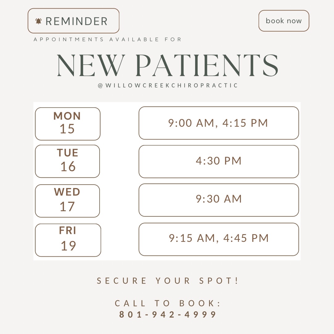 🪷 New Patient & Massage bookings available for next week!
Spots fill up fast!
📞 (801)942-4999
#newpatients #massagebooking #healthandwellness #painrelief #chiropracticcare