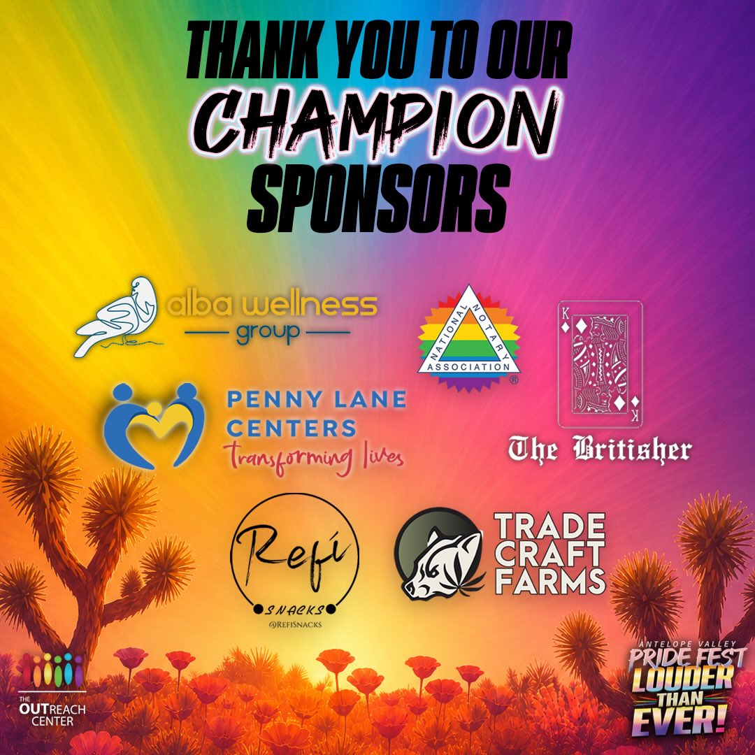 ๐โจ Announcing our AV Pride Fest 2026 Champion Sponsors! โจ๐
AV Pride Fest would not be possible without the incredible support of our community partners. Today, weโre proud to recognize our Champion Sponsors whose generosity is helping us create a safe, welcoming, and unforgettable celebration for the Antelope Valley LGBTQ+ community.
๐ Penny Lane Centers โ Providing vital mental health, foster care, family support, and community services that empower individuals and families throughout Southern California.
๐๏ธ National Notary Association โ The nationโs leading authority on notary education, training, and resources, serving notaries across the country.
๐ง Refi Snacks โ A local favorite serving delicious treats while giving back to the community through their support of local causes and events.
๐ฟ Alba Wellness Group โ Dedicated to promoting health, wellness, and compassionate care while supporting inclusive and thriving communities.
๐ฑ Tradecraft Farms โ A California-based company committed to quality, innovation, and community engagement.
๐ป The Britisher โ A longtime Antelope Valley favorite known for great food, drinks, and community spirit. Weโre excited to have them serving as the official bartending team for AV Pride Fest 2026!
Thank you for standing with the LGBTQ+ community and helping make AV Pride Fest 2026 possible. Your support helps create a celebration where everyone can feel seen, valued, and welcomed.
๐ณ๏ธโ๐ Join us on June 20, 2026, as we celebrate Pride, community, and belonging together!
#AVPride #AVPrideFest #Pride2026 #ChampionSponsors #CommunityPartners ThankYouSponsors