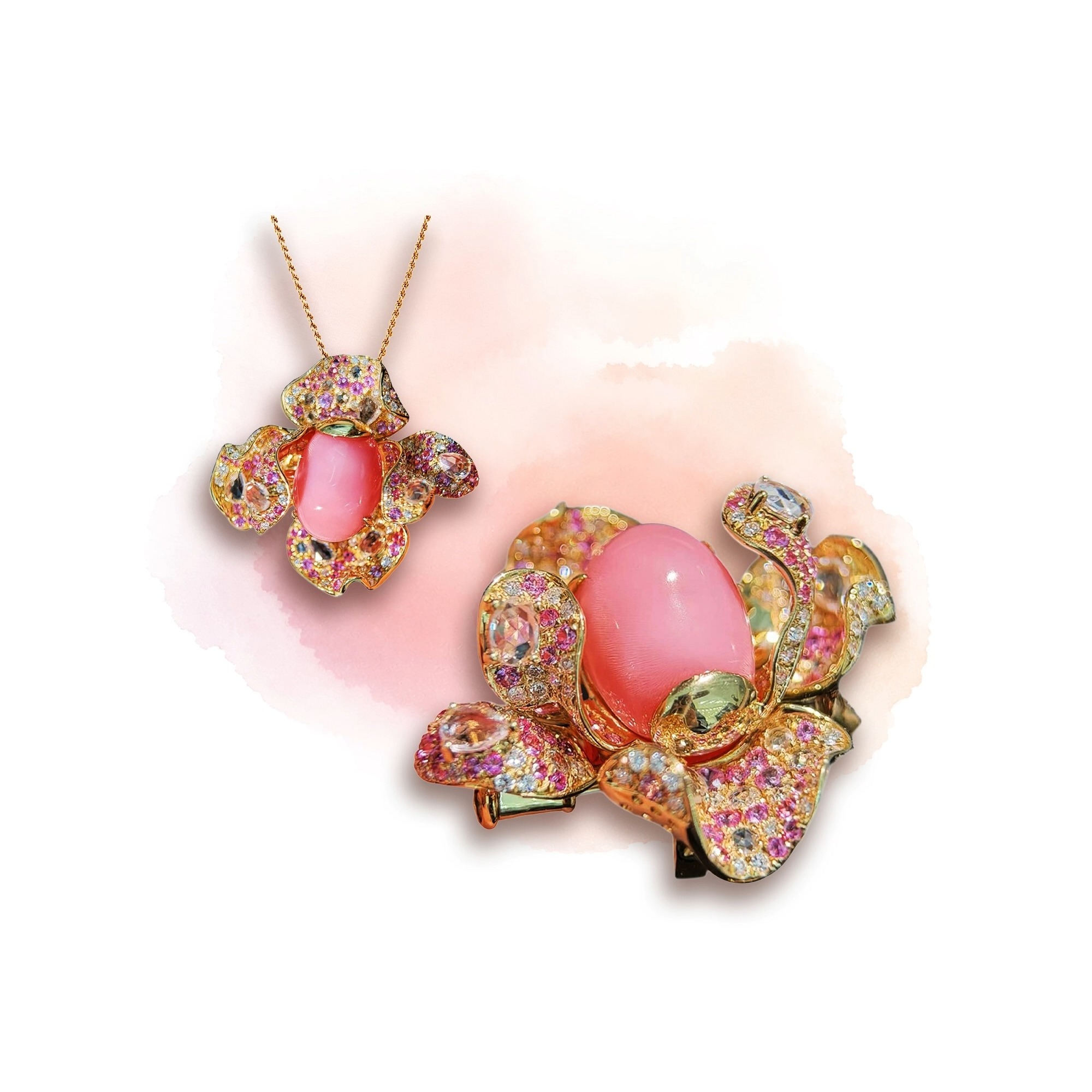 Blooming Fortune.
A rare 7.04 carat natural conch pearl unfolds within a sculptural bloom of pink sapphires, blue sapphires, and diamonds.
Designed to transform effortlessly between a ring, pendant, and brooch, this masterpiece celebrates both rarity and versatility.
At its heart, the flamingo pink conch pearl glows with soft luminosity and delicate natural flame structure — a reminder that true beauty is never repeated.
Conchéa Masterpiece Collection.
#ConchPearl #NaturalConchPearl #Conchea #ConvertibleJewelry #FineJewelry #HighJewelry #Brooch #Pendant #Ring #JewelryCollector #LuxuryJewelry