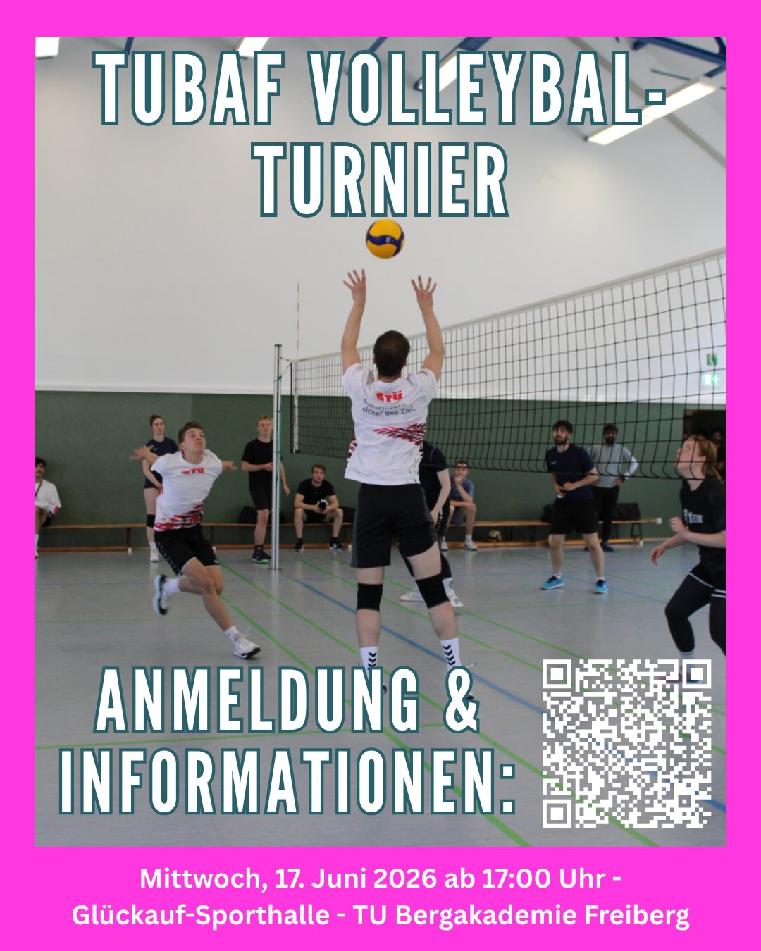 🏐 TUBAF Unisport Volleyballturnier 2026 🏐
Ihr seid eine volleyballbegeisterte Truppe und wollt euch mit anderen Teams der TUBAF messen? Dann seid schnell und meldet euch an! 🏆
Am 17. Juni 2026 organisieren die Volleyball-Kursleiter des Unisportzentrums wieder ein Sommer-Volleyballturnier für Anfänger, Hobbyspieler und Fortgeschrittene. Gespielt wird in 6er-Teams, gemischte Teams sind ausdrücklich erwünscht.
✅ 17.06.2026
✅ Eröffnung: 17:00 Uhr | Start: 17:30 Uhr
✅ Ort: Große & kleine Glückauf-Sporthalle
✅ Pro Team mind. 6 Personen
✅ Startgebühr: 15 € pro Team
✅ Max. 16 Teams – wer zuerst kommt, mahlt zuerst!
✅ Preise für Turniergewinner UND für das Team auf dem letzten Platz
✅ Günstige Speisen & Getränke vor Ort
Alle weiteren Infos und die Anmeldung findet ihr hier via QR-Code oder über den Link in der Bio. 💥
______________
🏐 TUBAF University Sports Volleyball Tournament 2026 🏐
Are you a volleyball-loving team and want to compete against other TUBAF teams? Then don’t wait and sign up now! 🏆
On 17 June 2026, the volleyball instructors of the University Sports Centre are once again organising a summer volleyball tournament for beginners, hobby players and advanced players. Teams consist of 6 players; mixed-gender teams are very welcome.
✅ 17 June 2026
✅ Opening: 5:00 PM | Start: 5:30 PM
✅ Venue: Large & small Glückauf-Sporthalle
✅ At least 6 players per team
✅ Entry fee: €15 per team
✅ Max. 16 teams – first come, first served!
✅ Prizes for the tournament winner AND for the team finishing last
✅ Affordable food & drinks available on site
All information and registration are available here via QR code or via the link in the bio. 💥