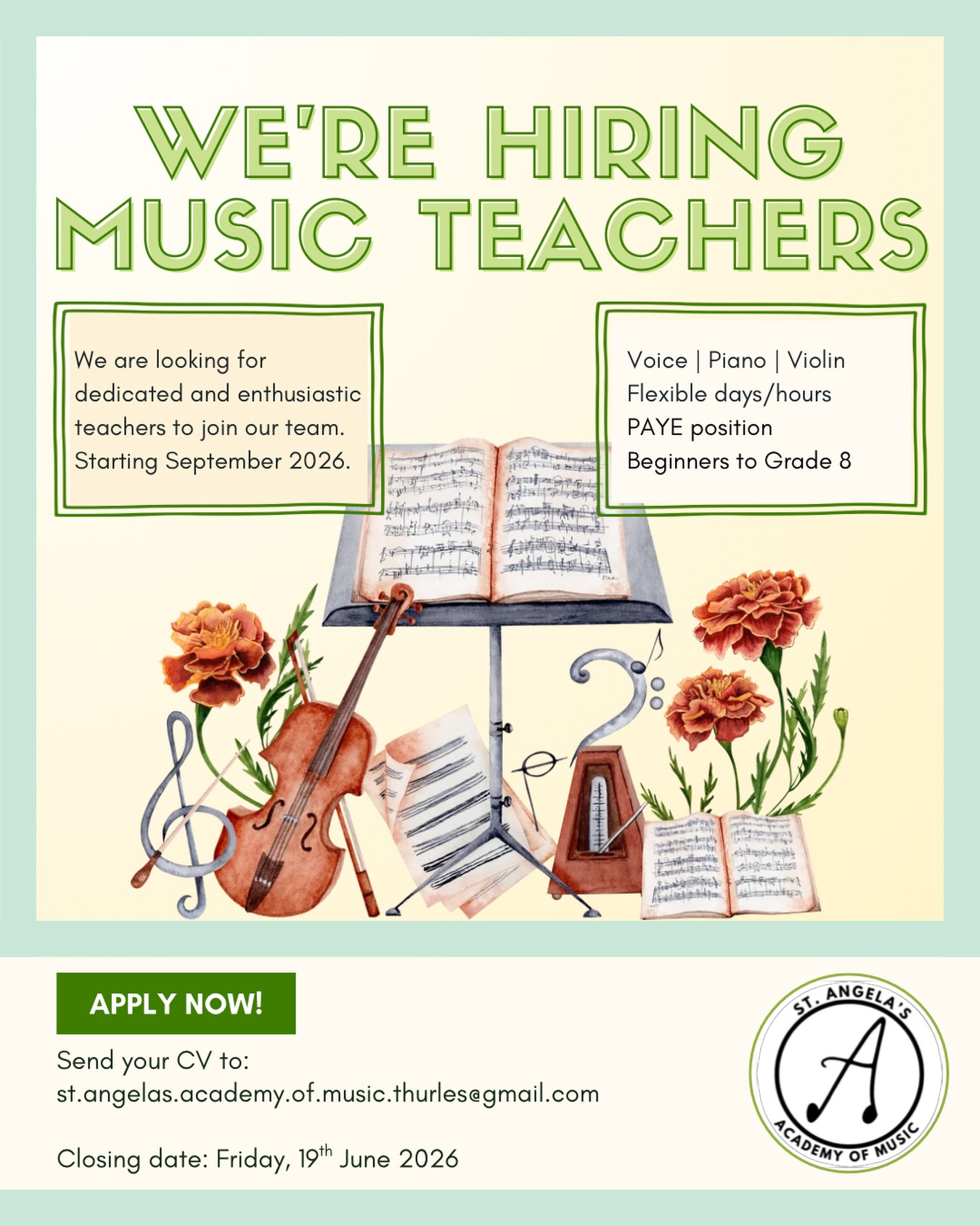 🎵 Job Opportunity 🎵
St. Angela’s Academy of Music, Thurles, are seeking passionate and enthusiastic teachers for the upcoming academic year, with a particular interest in voice teachers of all genres.
Successful candidates will provide lessons both individually and in groups (where applicable) from beginners to Grade 8. Experience with RIAM exams a bonus.
Deadline: Friday, 19th of June. Interviews held the following week.
If you love teaching, enjoy working with people, and want to be a part of a creative, supportive team, we’d love to hear from you. We welcome applications from teachers at all stages.
Send your CV to st.angelas.academy.of.music.thurles@gmail.com
#jobfairy