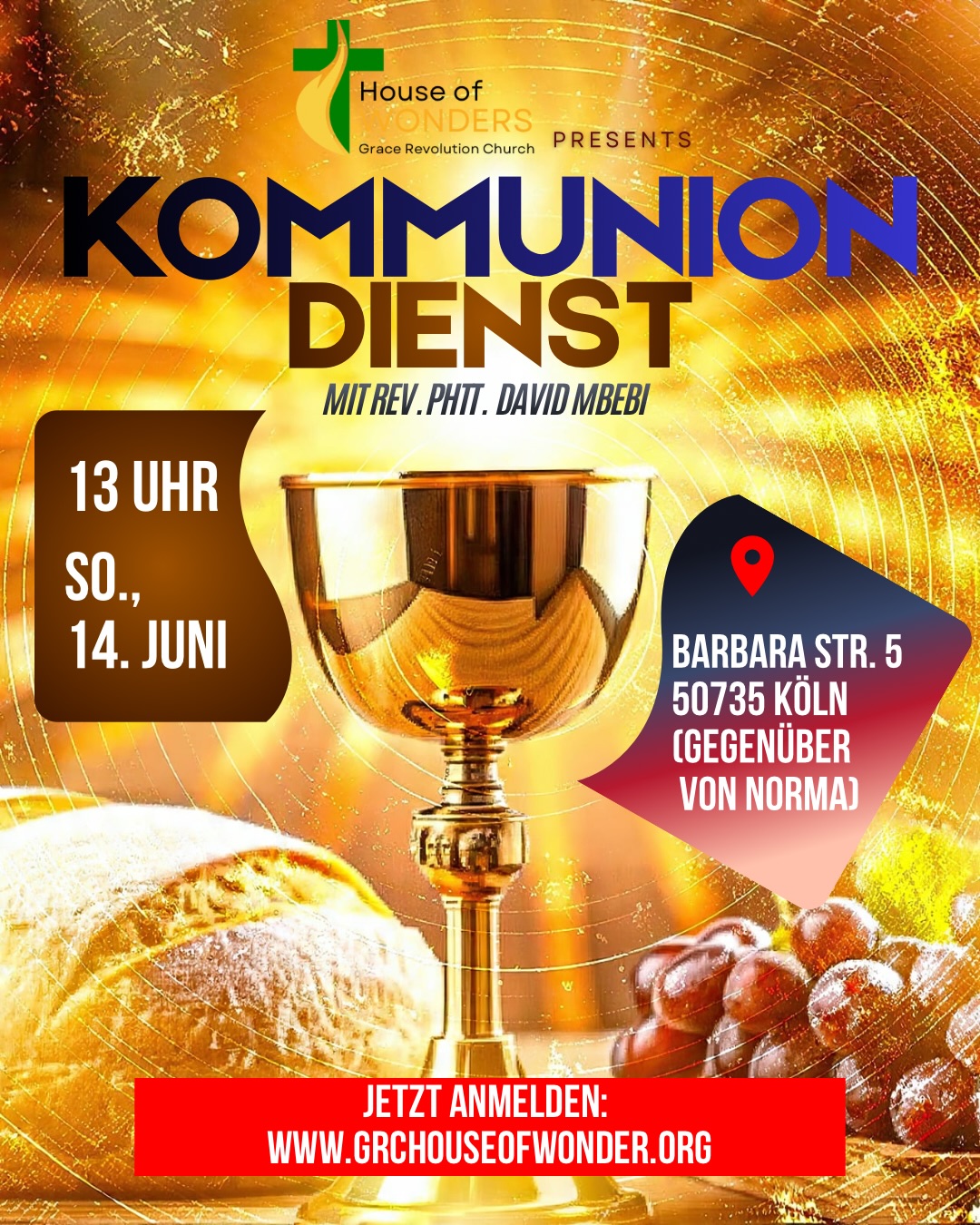 Nicht jeder Tisch ist gewöhnlich.
An diesem Sonntag versammeln wir uns zu einem besonderen Kommuniondienst mit Reverend David Mbebi.
Ein Moment der Erinnerung.
Ein Moment der Dankbarkeit.
Ein Moment der Erneuerung.
Manche Begegnungen mit Gott verändern mehr als Worte es jemals könnten.
📅 14.06.2026
⏰ 13:00 Uhr
📍 Barbarastraße 5, 50735 Köln
🚨 Anmeldung:
www.grchouseofwonders.org