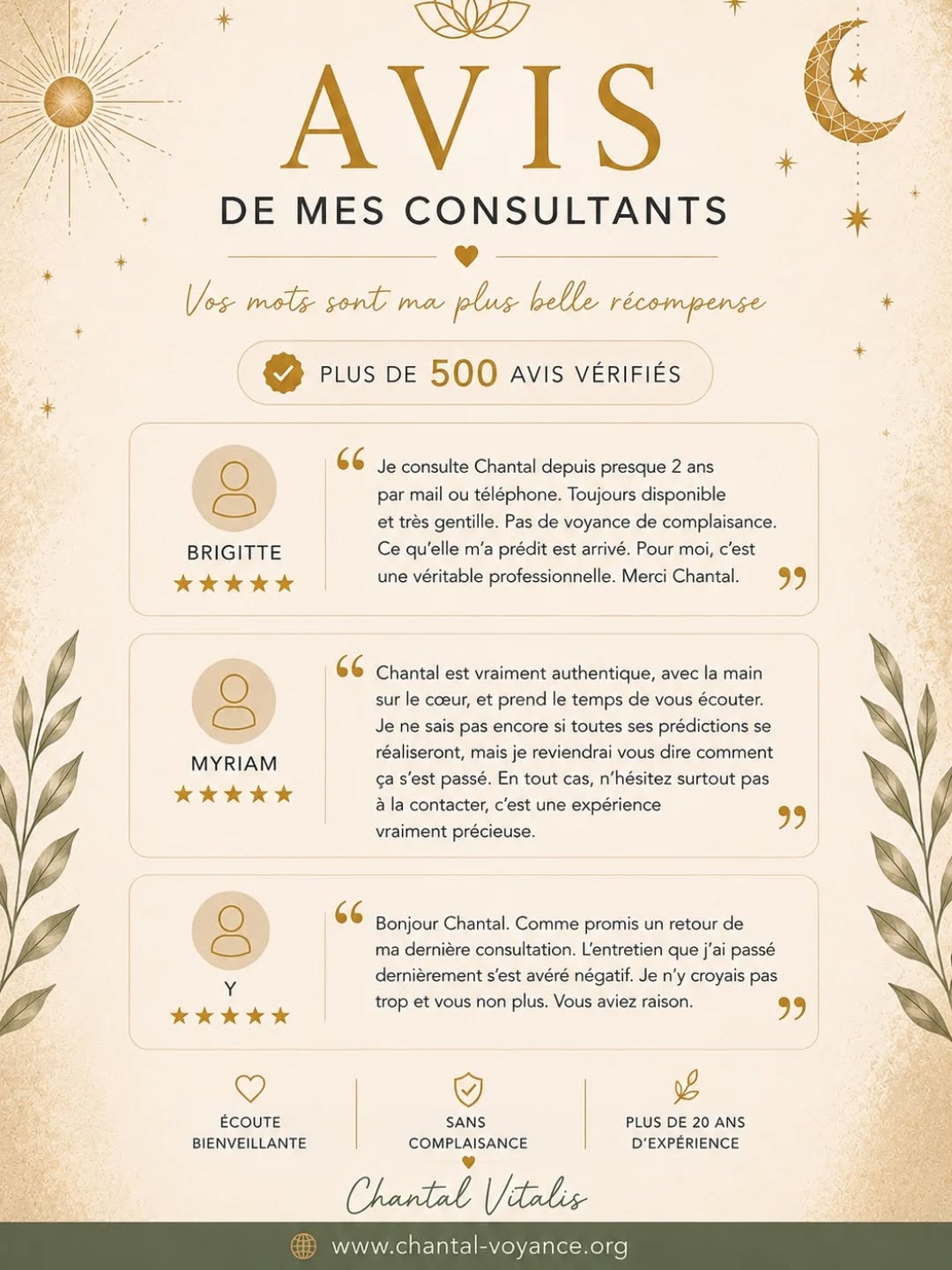 ⭐ Plus de 500 avis vérifiés ⭐
Votre confiance est ma plus belle récompense.
Depuis de nombreuses années, vous êtes nombreux à partager vos retours après une consultation par téléphone ou par mail.
Chaque avis me touche profondément et me rappelle pourquoi j'aime ce métier.
Merci pour votre confiance et votre fidélité. 🙏✨
Découvrez davantage d'avis sur :
💻 www.chantal-voyance.org
#AvisClients #Voyance #ChantalVitalis #VoyanceSerieuse #Confiance
