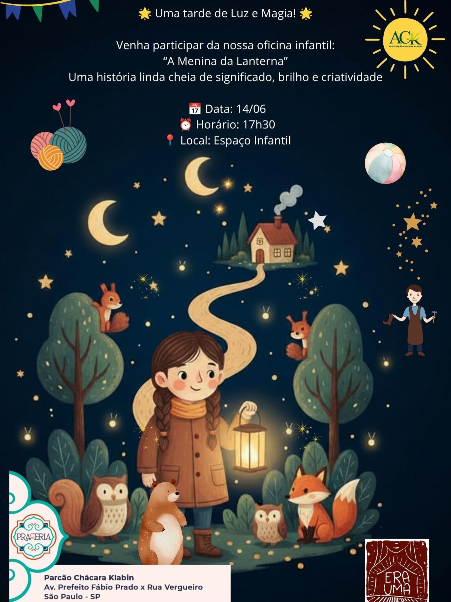 ✨ Uma tarde mágica espera por você e sua família! ✨
No próximo domingo, o Espaço Infantil na Praceria vai se transformar em um cenário de encanto, luz e uma linda história.
Convidamos pais, mães, avós e, claro, os pequenos, para uma vivência muito especial, em parceria com a @era.uma a oficina “A Menina da Lanterna”!
Será um momento lúdico para aquecer os corações, soltar a imaginação e criar memórias inesquecíveis em família.
📅 Quando: Próximo domingo
🕠 Horário: 17h30
📍 Onde: Espaço Infantil na Praceria
Traga as crianças e venha compartilhar essa atmosfera de doçura e aconchego com a gente.
Esperamos por vocês com todo o carinho do mundo! 🌟
#OficinaInfantil #AMeninaDaLanterna #MomentoEmFamilia #Parceria #CulturaEInfancia DomingoComAsCrianças