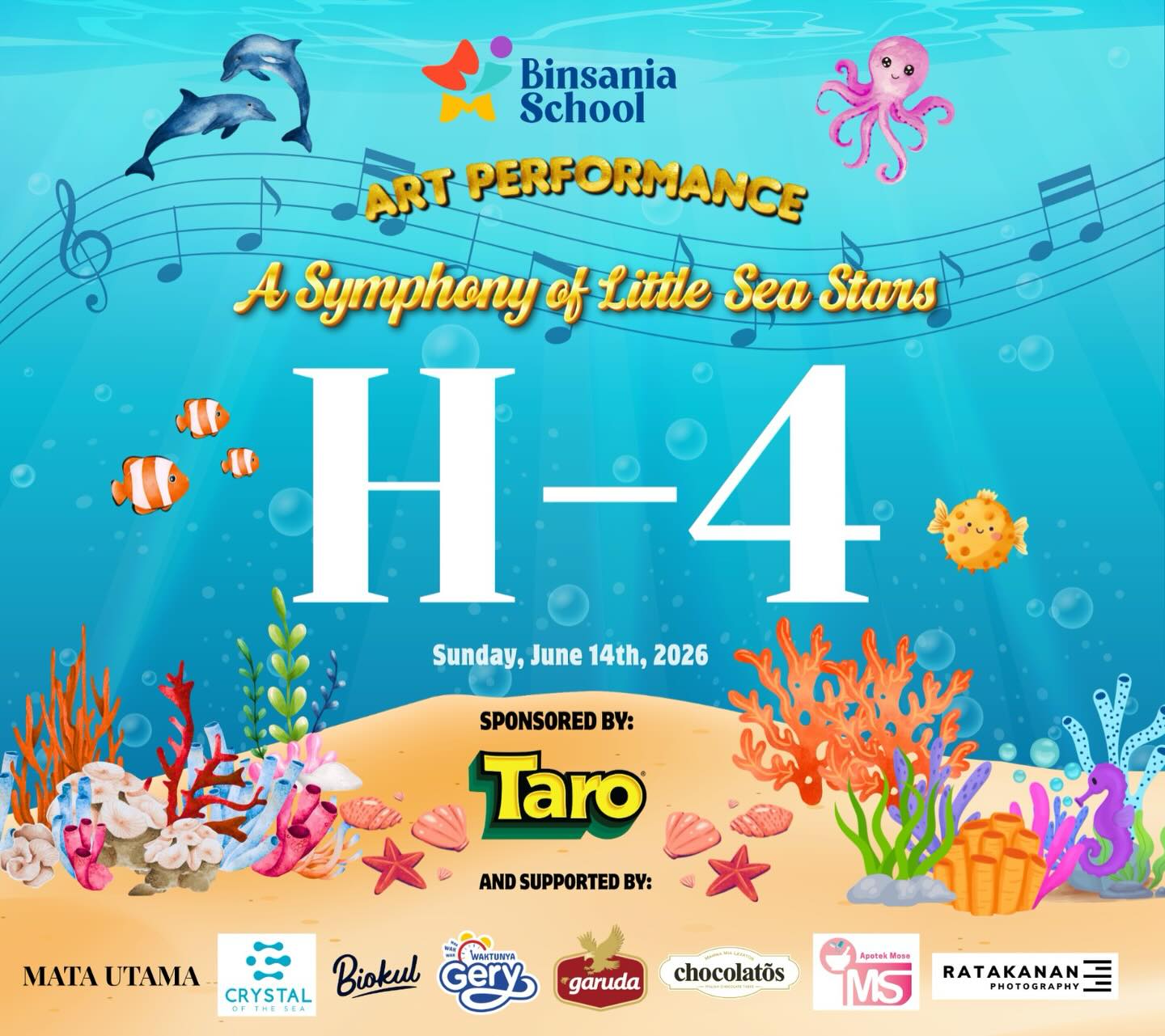 🌊✨ H-4 ✨🌊
4 hari lagi menuju A Symphony of Little Sea Stars🎶⭐
Bintang-bintang kecil kami siap bersinar dan memberikan penampilan terbaik mereka di atas panggung. Sampai jumpa di hari istimewa ini! 🐠💙✨
📅 Minggu, 14 Juni 2026
#H4 #ASymphonyOfLittleSeaStars #BinsaniaSchool #LittleSeaStars 🌊⭐💙