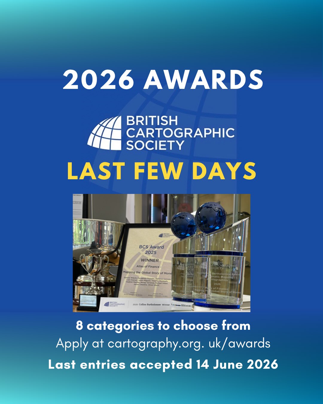 🏆 BCS Awards 2026 🏆
Last few days! Entries welcome until 14th June.
Thank you to all our sponsors, judging panels and supporters who make this an amazing competition to be involved in and help celebrate the best mapping in the world!
Get your entries in asap!
https://lnkd.in/d867AMC
Stanfords Travel - Collins Bartholomew - Ordnance Survey - GD3D® - Dennis Maps LTD