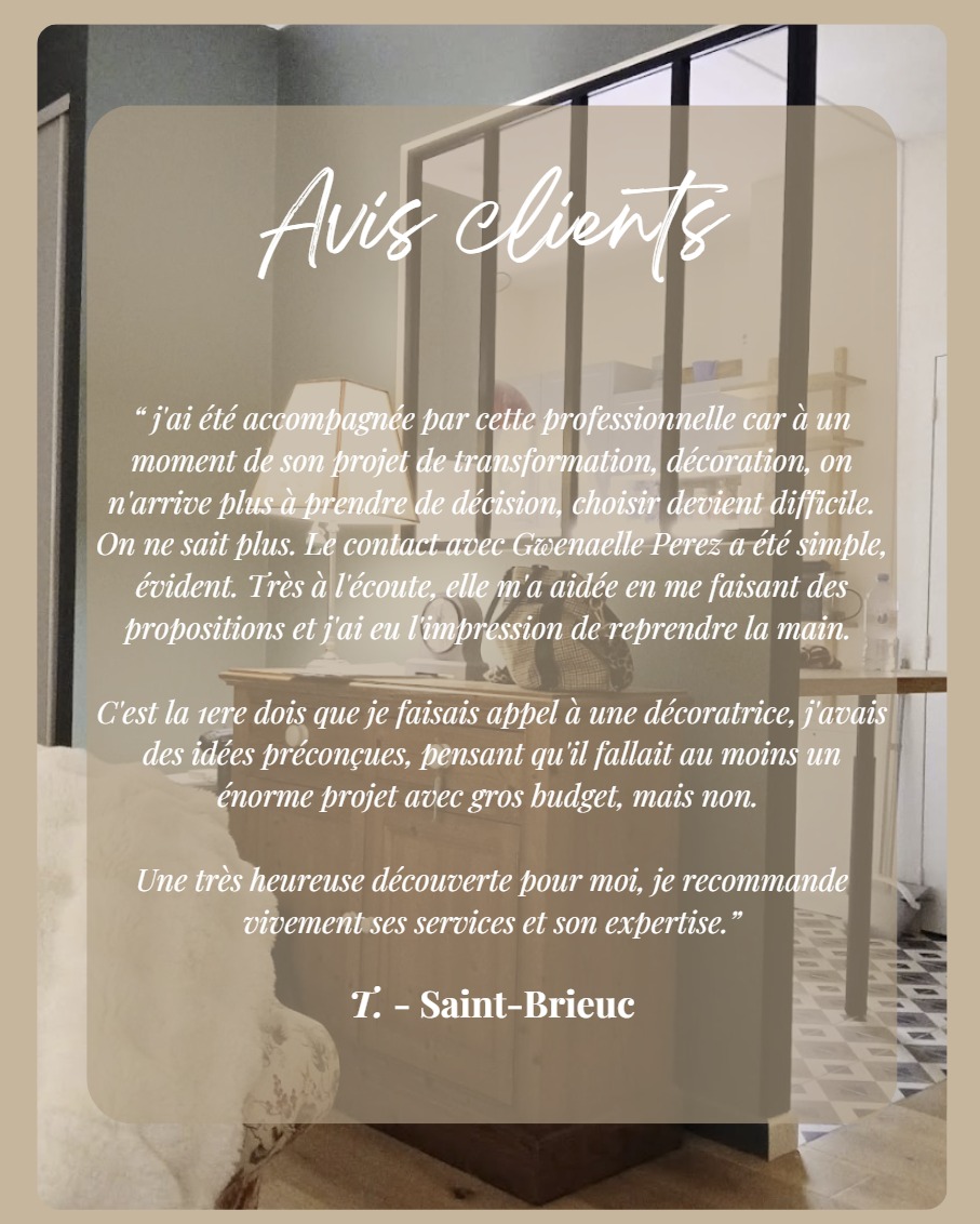 Un grand merci à ma cliente pour sa confiance sur ce projet de rénovation à Saint-Brieuc. Qu'il s'agisse d'un simple conseil couleur ou de repenser l'ambiance complète, vos retours me font toujours plaisir !
Vous aussi, vous avez un projet en Côtes-d'Armor ? Contactez-moi pour réserver votre visite conseil ou la création d'un projet sur mesure !
#avisclient #satisfaction #renovationmaison #decoratricenordbretagne #saintbrieuc #guingamp #lecameliadelou