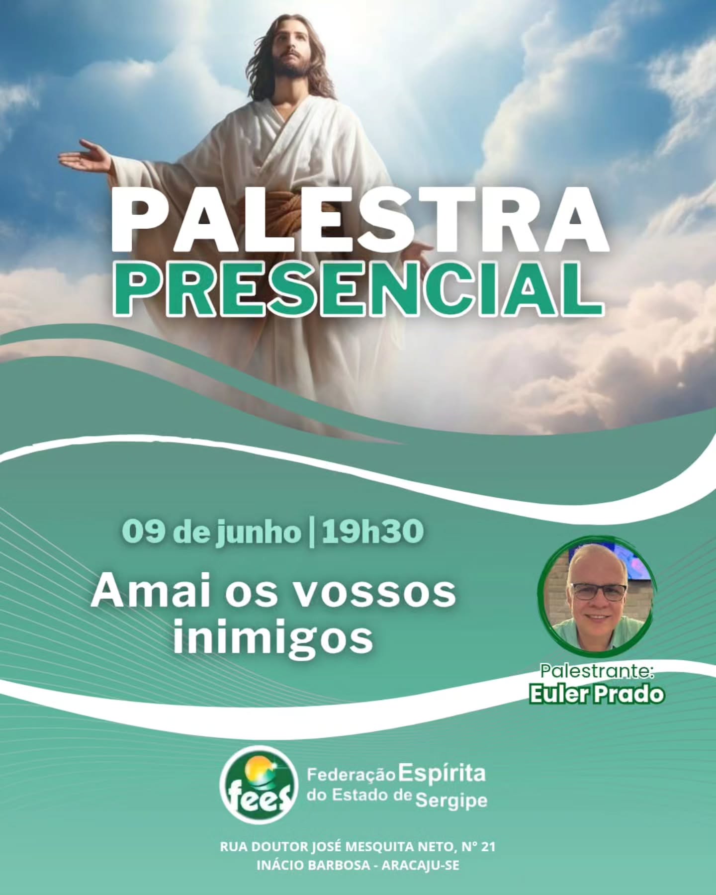 A Federação Espírita do Estado de Sergipe (Fees) realiza nesta terça-feira, dia 9 de junho, às 19h30, uma palestra presencial com o tema "Amai os vossos inimigos".
A atividade, que será conduzida pelo palestrante Euler Prado, será realizada na sede da instituição, localizada na Rua Doutor José Mesquita Neto, 21, no Inácio Barbosa, em Aracaju-SE.
