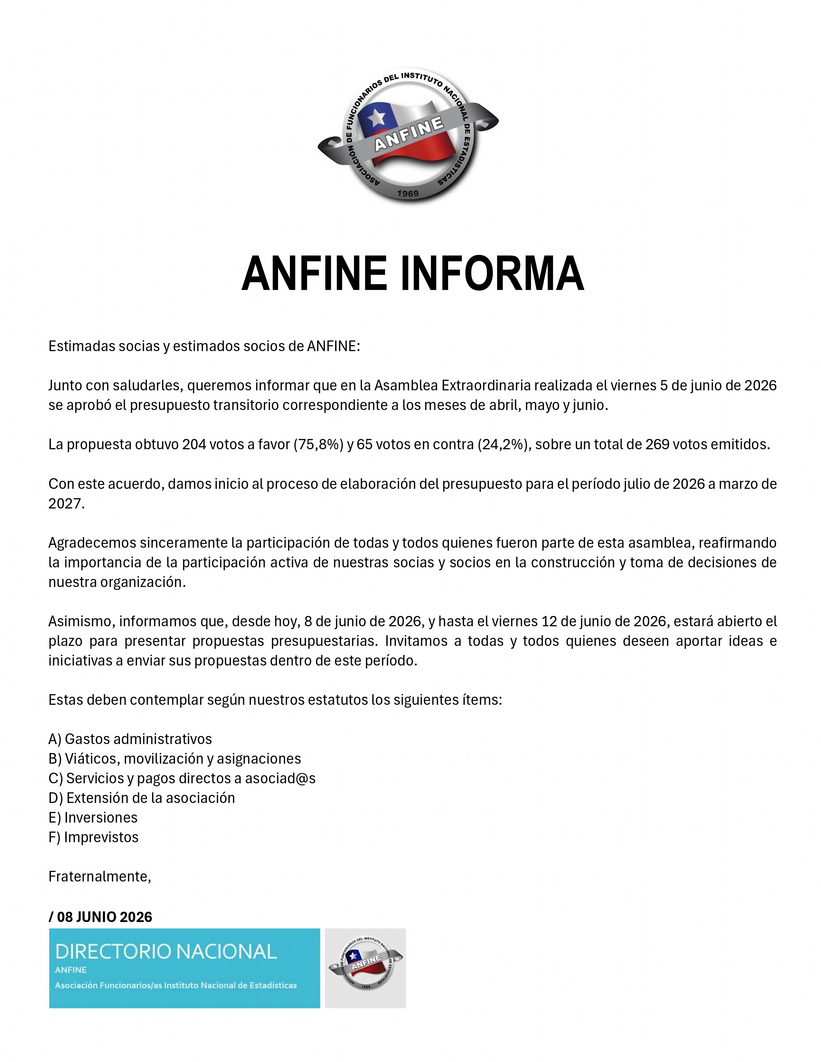 📢 ANFINE informa aprobación de presupuesto transitorio y abre plazo para nuevas propuestas
🗳️ La propuesta obtuvo 204 votos a favor, equivalentes al 75,8%, y 65 votos en contra, equivalentes al 24,2%, sobre un total de 269 votos emitidos.
📌 Con este acuerdo, damos inicio al proceso de elaboración del presupuesto correspondiente al período julio de 2026 a marzo de 2027.
🔗 Revisa la nota completa en:
www.anfine.cl
#ANFINE #PresupuestoTransitorio #ParticipaciónGremial #AsambleaExtraordinaria #FuncionariosPúblicos