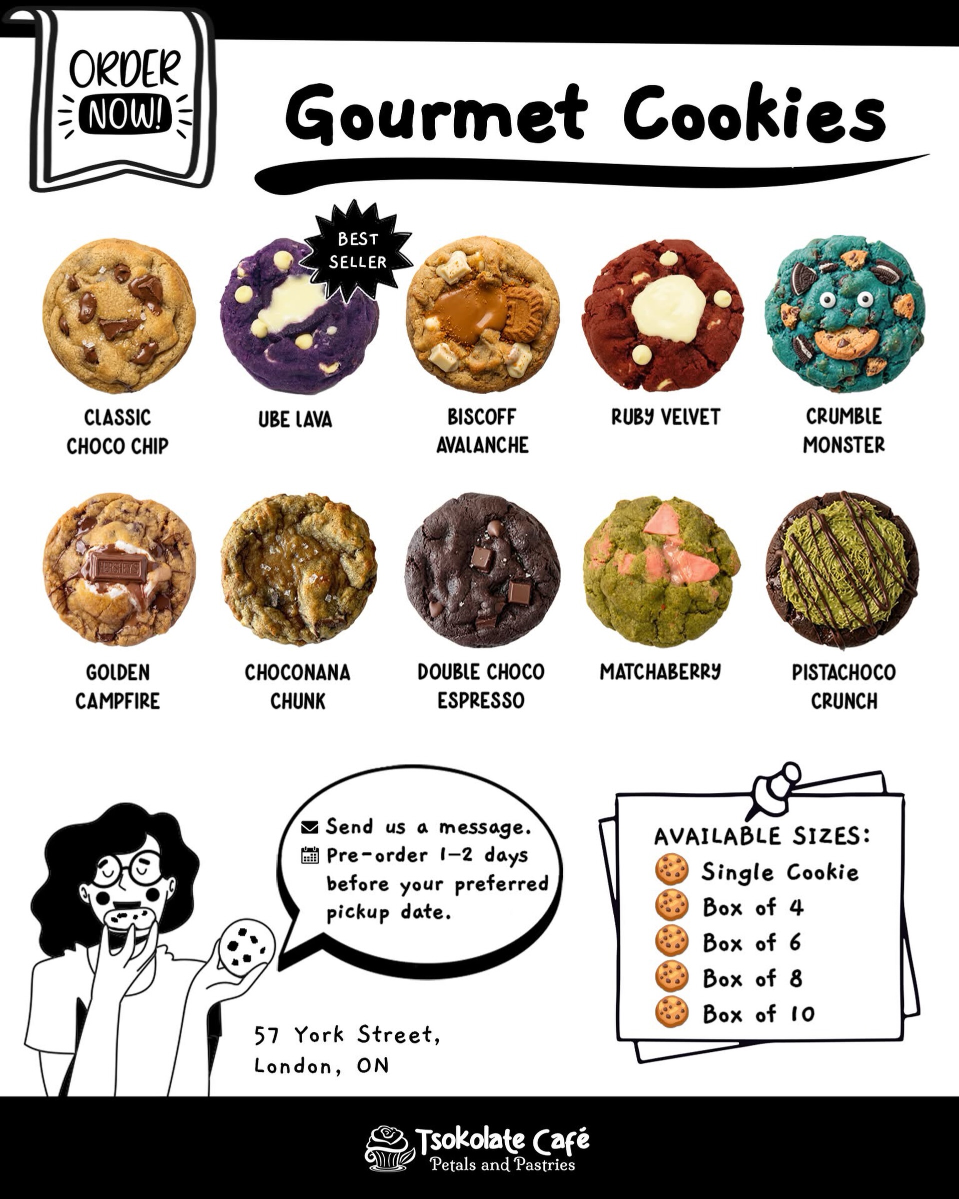 Our full gourmet cookie menu is finally here!🍪🍪🍪
Each is handcrafted at approximately 110–115g with premium ingredients, designed to be a truly substantial treat.
We are now accepting requests for custom boxes, allowing you to curate your perfect selection.
Please message us 1–2 days in advance to arrange your pickup at 57 York Street.
#TsokolateCafe #LondonOntario #LdnOnt #LondonON #LondonEats SupportLocalLDN ForestCity FreshBaked Cookies DowntownLondonON