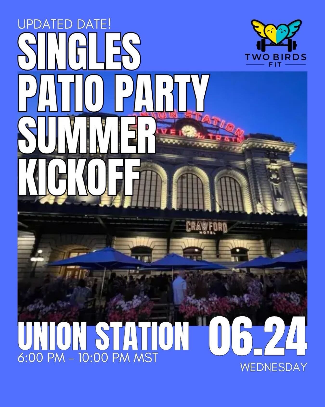 📣 UPDATE: We’ve moved the party up one day! ⚽🇺🇸 Now you can join us and still cheer on Team USA the next night!
Two Birds Fit’s Summer Kickoff Singles Party is taking over the front patio at Union Station!
🎉 200+ singles expected.
📅 Wednesday, June 24
⏰ 6:00–10:00 PM
📍 Terminal Bar at Union Station
🎟️ Link in bio @twobirdsfit
• Live DJ
• Tito’s drink specials + promos
• 360° Photo Booth
After the event, choose up to 6 Friends + 6 Flirts in the Two Birds Fit Web App. If it’s mutual, we’ll connect you within 24 hours.
Come solo, bring a wing peep, or roll in with friends — most people come solo.😉
Ticket options for straight singles, LGBTQ+ singles, and wing peeps.
#denver #twobirdsfit #single #denverevents