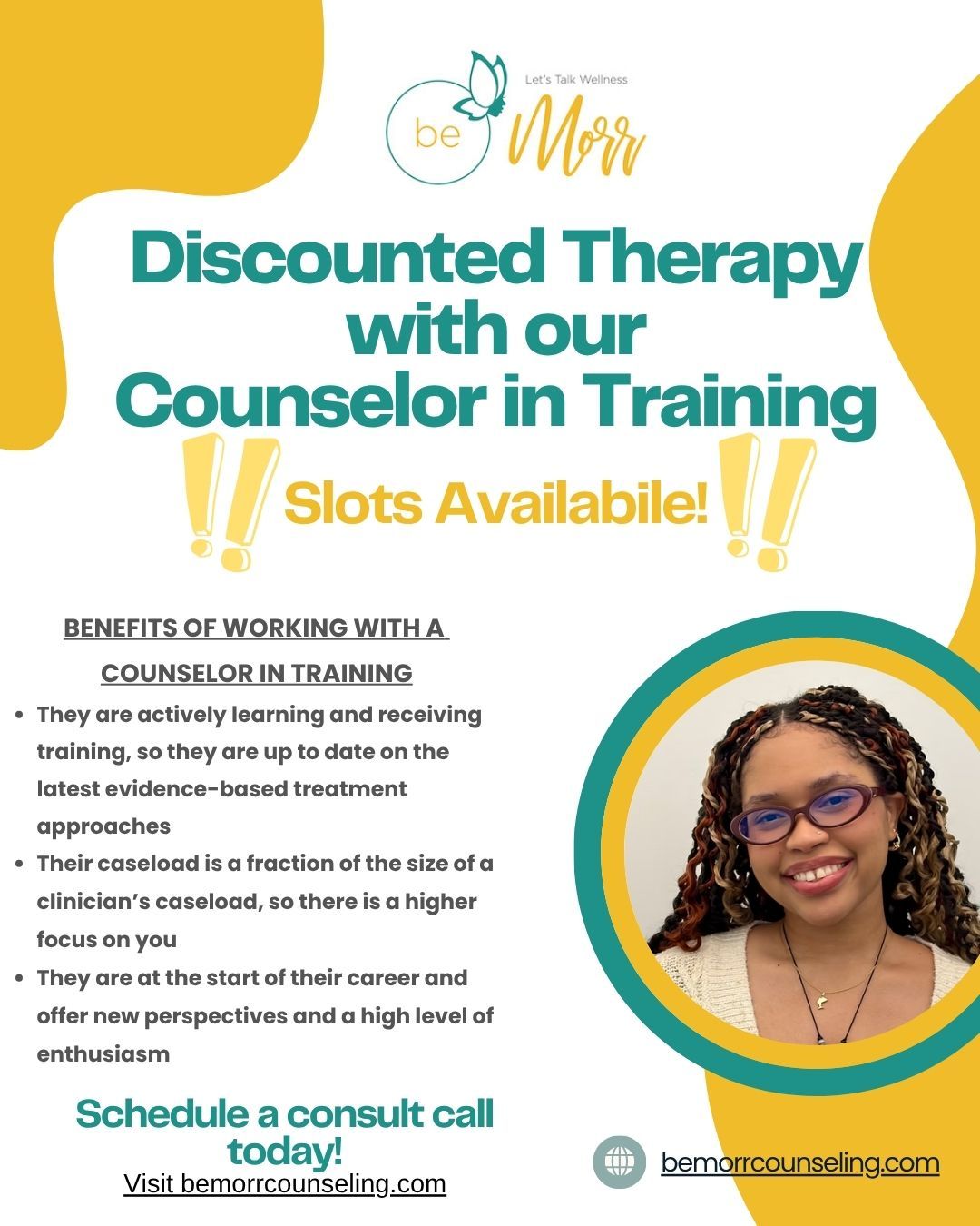 be Morr is committed to making quality Mental Health care more accessible!
Our discounted therapy program is a great choice if you're uninsured, out-of-network, or have limited financial means.
We have slots available!
Learn more at https://www.bemorrcounseling.com/discountedtherapy
Share with your community!
Schedule your free 15-minute consultation by clicking the link in our bio.
#bemorr #nyctherapist #blackmentalhealth