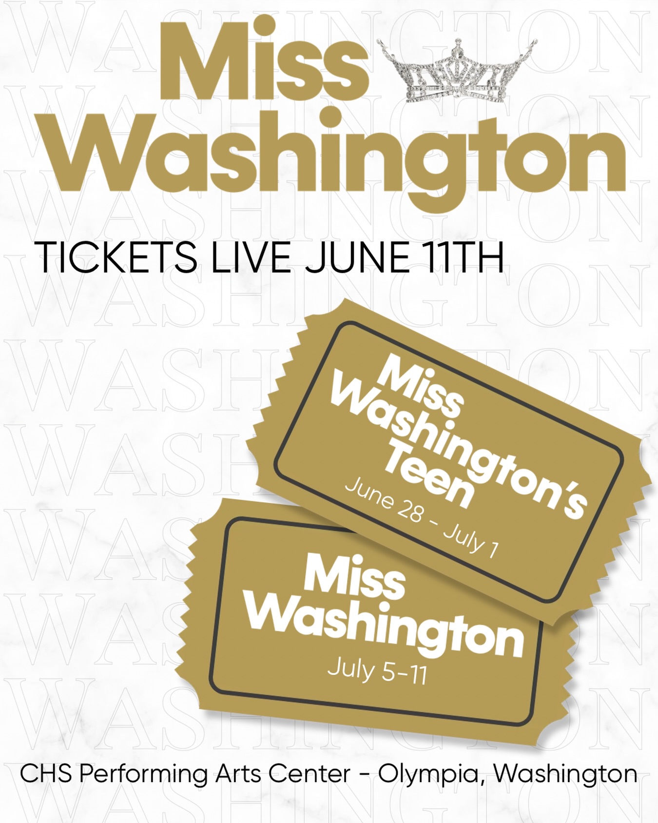It’s happening!! Tickets to Miss Washington and Miss Washington’s Teen are LIVE this Thursday, June 11th at 8am pst! *LINK IN BIO* #missamerica #misswashington #pageant #competition
