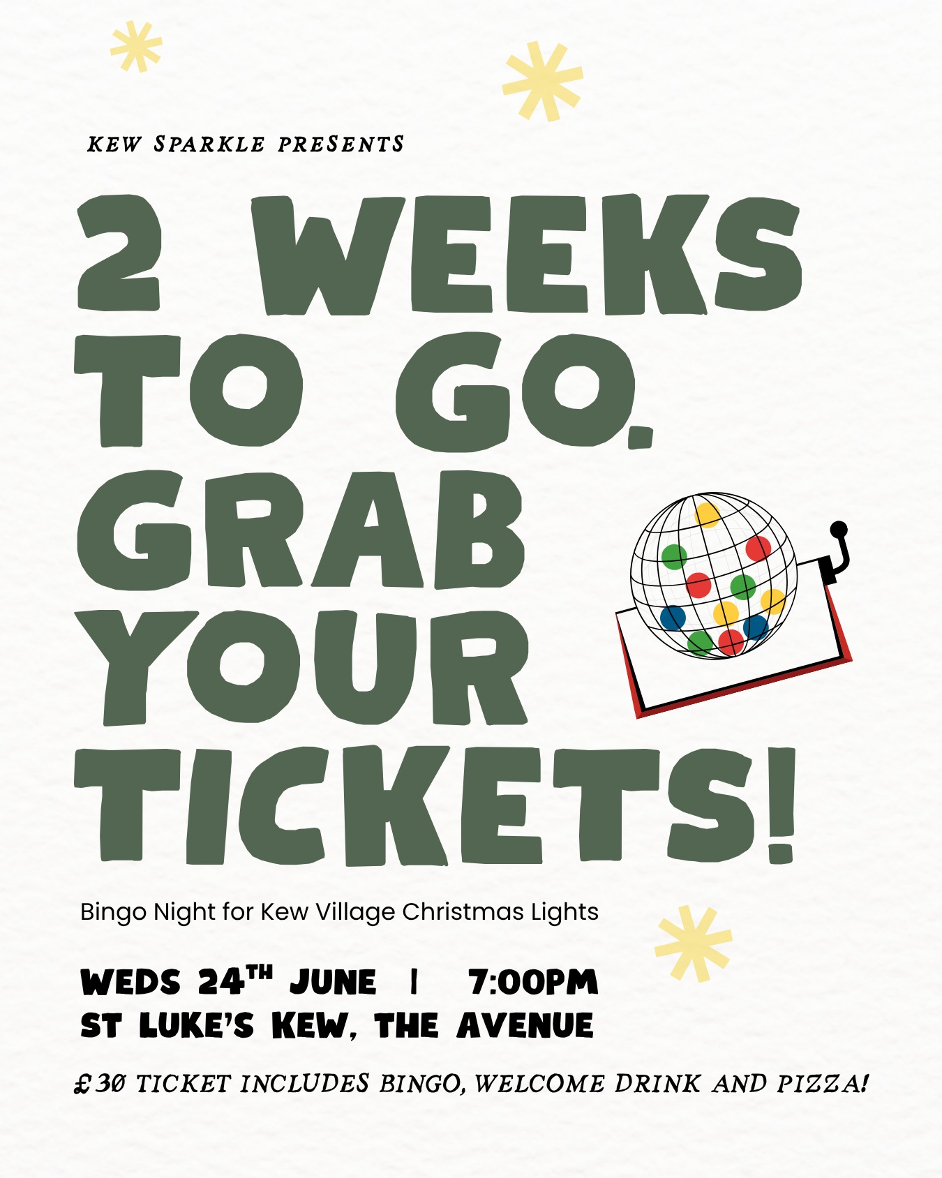 Only 2 weeks left to get your tickets for Bingo Night. Each ticket includes a welcome drink, bingo and pizza from @santamariapizza 🍕
There will also be a bar and raffle with great prizes to be won!
Book via the link in our bio and help us light up Kew Village once again with beautiful Christmas lights