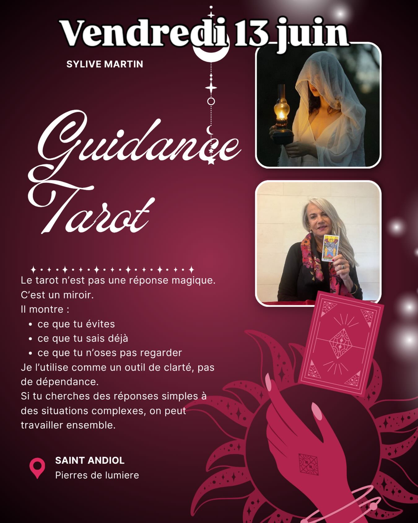 Le tarot n’est pas une réponse magique.
C’est un miroir.
Il montre :
* ce que tu évites
* ce que tu sais déjà
* ce que tu n’oses pas regarder
Je l’utilise comme un outil de clarté, pas de dépendance.
Si tu cherches des réponses simples à des situations complexes, on peut travailler ensemble.#tarot #guidance #saintandiol