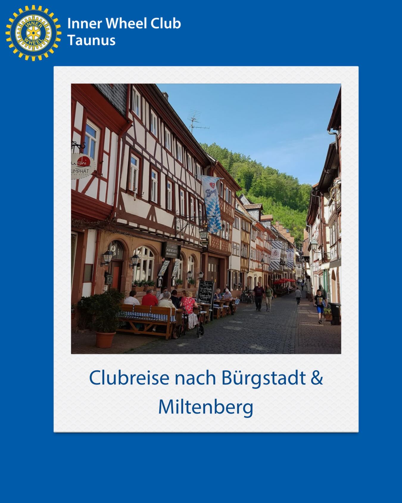 Ende Mai führte uns unsere Clubreise nach Bürgstadt und Miltenberg – ein Wochenende voller Begegnungen, Entdeckungen und schöner gemeinsamer Erlebnisse. 💛
Unser Zuhause auf Zeit war das traditionsreiche Weinhaus Stern in Bürgstadt, nur wenige Minuten von der historischen Altstadt Miltenbergs entfernt.
Auf dem Programm standen eine Sektprobe, interessante Stadtführungen, eine entspannte Bootsfahrt auf dem Main sowie spannende Besichtigungen. Natürlich kam auch der Genuss nicht zu kurz – bei gutem Essen, anregenden Gesprächen und vielen gemeinsamen Momenten. 🍷
Solche Reisen sind ein besonderer Teil unseres Clublebens. Sie stärken Freundschaften, schaffen neue Erinnerungen und zeigen, was Inner Wheel ausmacht: Gemeinschaft, Verbundenheit und Freude am Miteinander.
💙💛 Gemeinsam in Freundschaft Gutes tun.
#InnerWheelTaunus #Clubreise #InnerWheel #Freundschaft #Churfranken