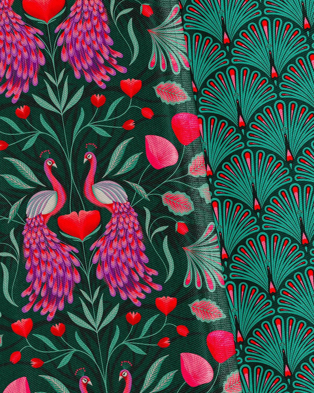 Nouvelle collection de motif « La cour du Paon »… 🦚 Le paon s’installe dans mon jardin imaginaire, entre éventails Art nouveau et fleurs sauvages. Une collection complète à venir 🌹.