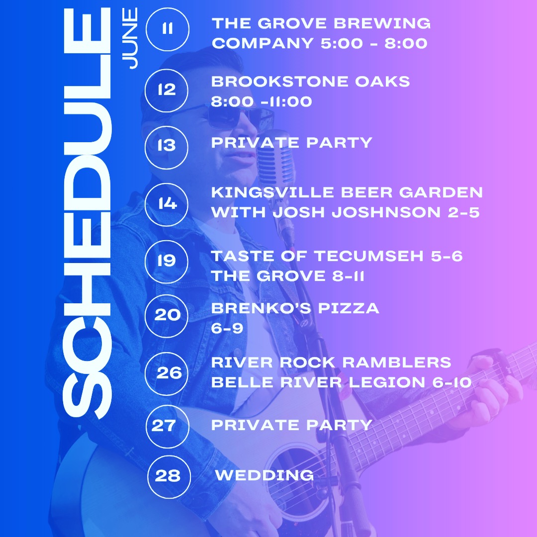 Lots of great places and events to play in June. June 11th @grovebrew 5-8. June 12th @brookstonoaks 8-11 June 14 @Kingsvillebeergarden with @joshjohnson198 2-5, June 19 tasteoftecumseh 5-6 and the Grove 8-11, June 20 @brenkoshouseofpizza 6-9, @riverrockramblers Belle River Legion. Thankful to play with so many great people and to be part of the local music rotation!
