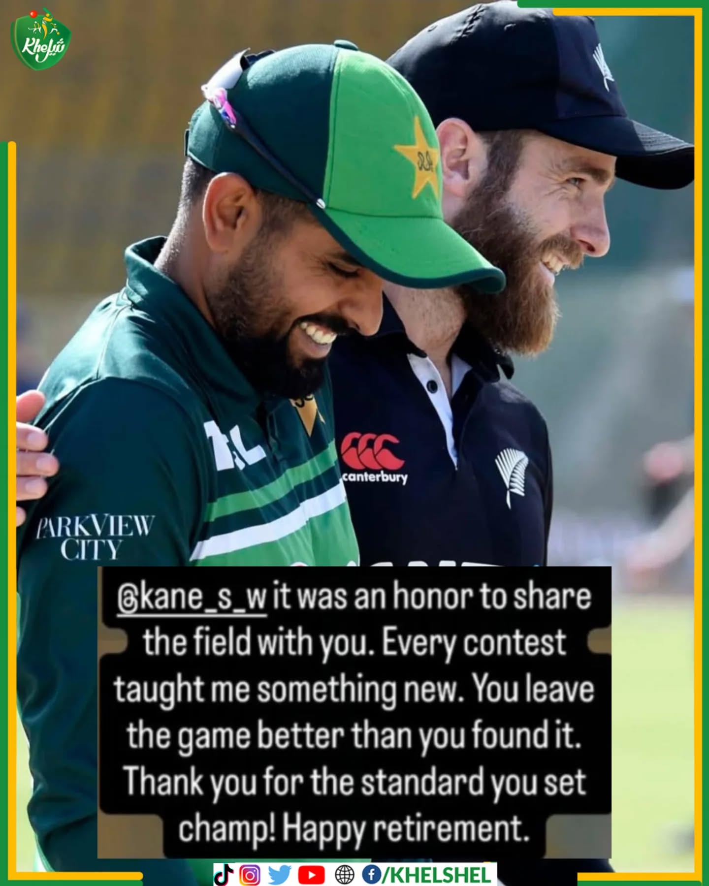 Babar Azam extends his heartfelt congratulations and wishes to Kane Williamson on a legendary international career. The end of a golden era for the BlackCaps! 🇳🇿💔
Drop your favorite Kane Williamson memory below! 👇
#Cricket | #Pakistan | #BabarAzam | #KaneWilliamson | #Lahore
