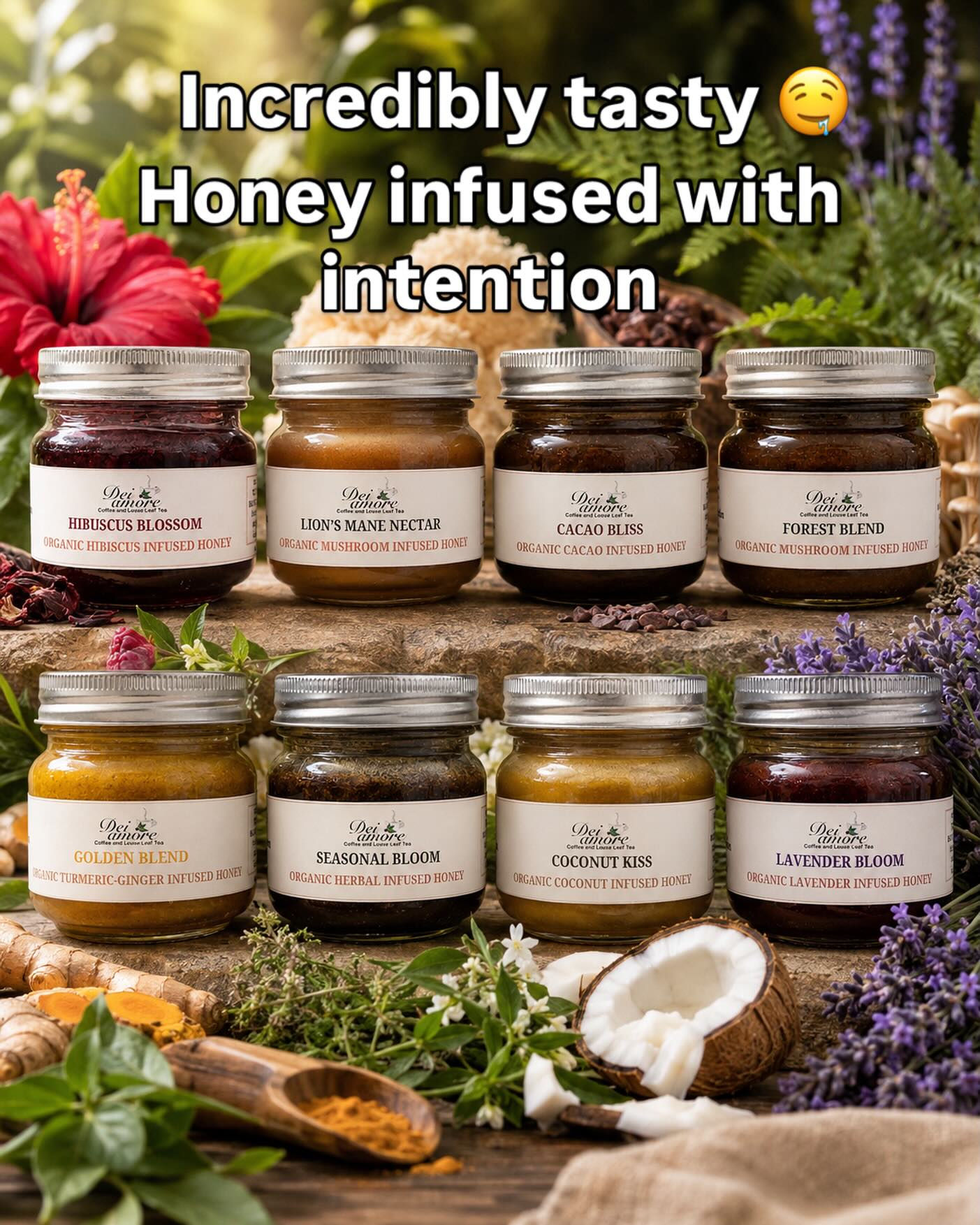 Our infused honey are flying off the racks!!! Truly incredible, amazingly tasty and all natural and organic. Add a little extra flavor to your tea, coffee, toast, cereal, yogurt, or just a spoonful of deliciousness. #deiamore #honey #natural #healthy #elpaso