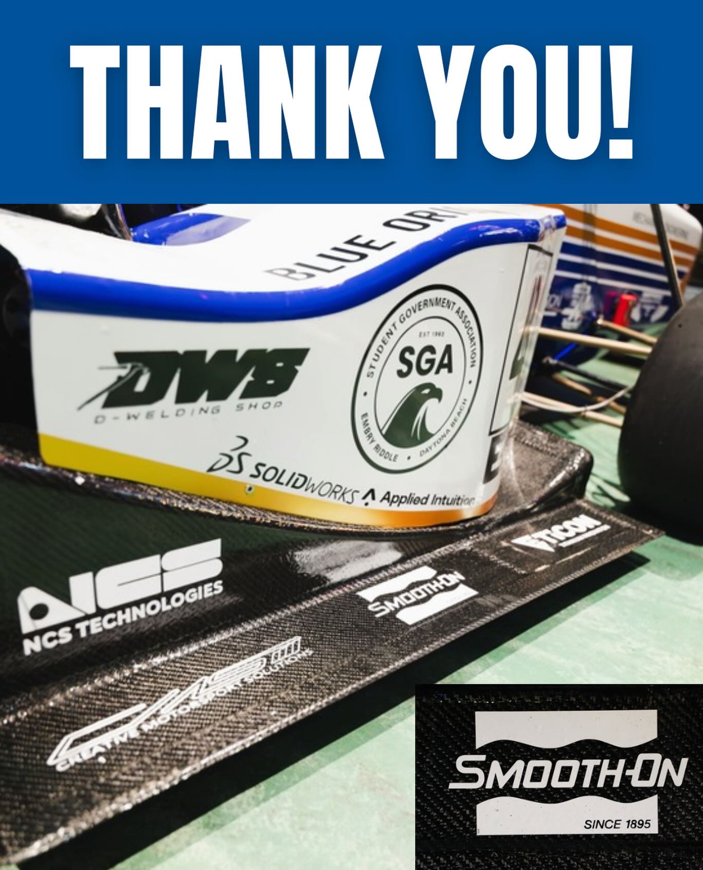 A special thank you to Smooth-On for supporting our composite manufacturing efforts!
We used their EpoxAcoat™ HT high-temperature epoxy surface coat on several of our composite components, including our floor assembly. The product provided a durable, high-quality finish that helped achieve the smooth, glossy surface seen on the final parts.
Reliable materials are critical when producing high-performance composite structures, and Smooth-On’s products played an important role in helping us create components that not only perform well but also look professional. We appreciate their support and contribution to our team’s success.