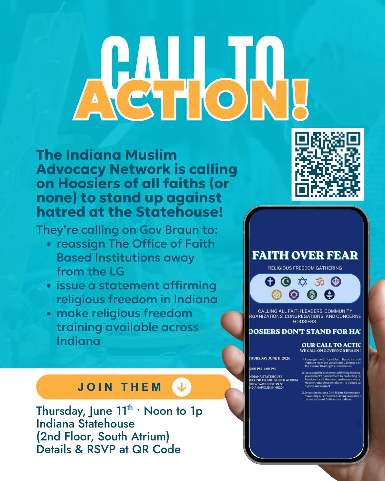 We invite you to show up at the Statehouse on Thursday and support the amazing work @iman.associates is doing to make Hoosier Hospitality a reality for all Hoosiers of every faith. Scan the QR for more info. (Quick tip: you can screenshot this post and choose the link from the screenshot.)