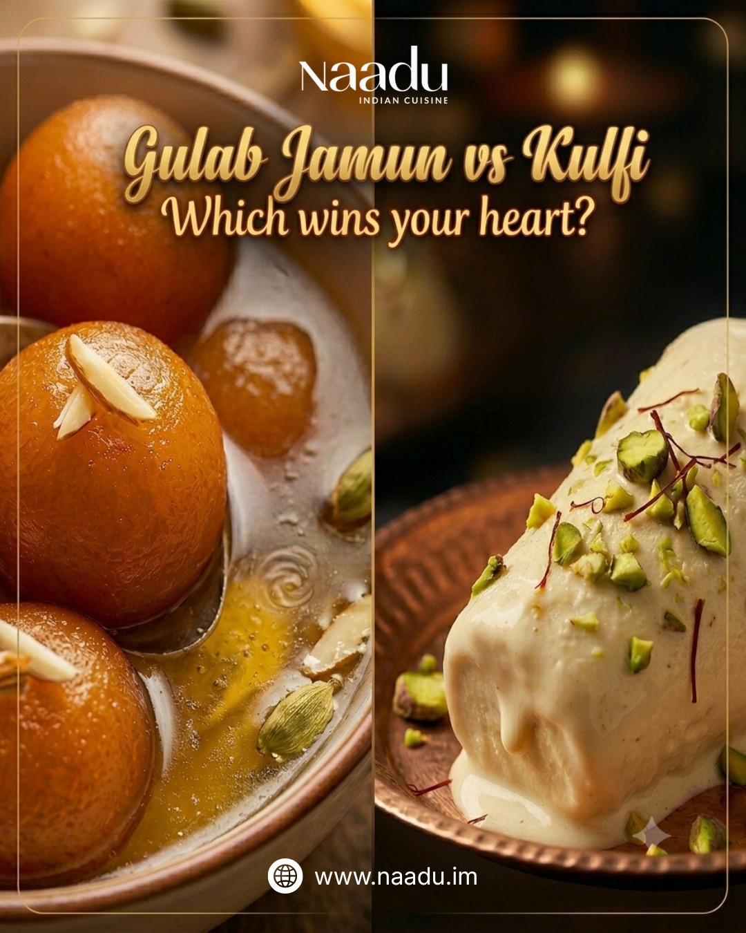 Two beloved treasures of Indian desserts await you at Naadu!
On one side, we have the irresistible Gulab Jamun – those golden, syrup-soaked delights that melt in your mouth with every bite. Made from traditional khoya, gently fried to perfection, and immersed in fragrant cardamom and rose syrup.
On the other, our creamy Kulfi – India’s answer to ice cream! This rich, dense frozen treat is infused with cardamom, pistachios, and authentic flavours that have been cherished for generations.
Both carry the warmth of Indian heritage and the care that goes into every authentic recipe. Which one wins your heart? The warm, comforting indulgence of Gulab Jamun or the cool, luxurious pleasure of Kulfi?
Tell us your choice and why! We’d love to hear about your favourite Indian sweet memories. Contact us today to satisfy your craving.
https://www.naadu.im/
#NaaduIOM #IsleOfMan #Douglas #IndianFood #AuthenticCurry #Spices #IndianDesserts #GulabJamun #Kulfi #SweetTooth #IndianCulture #TraditionalFlavours #DessertLovers #AuthenticTaste