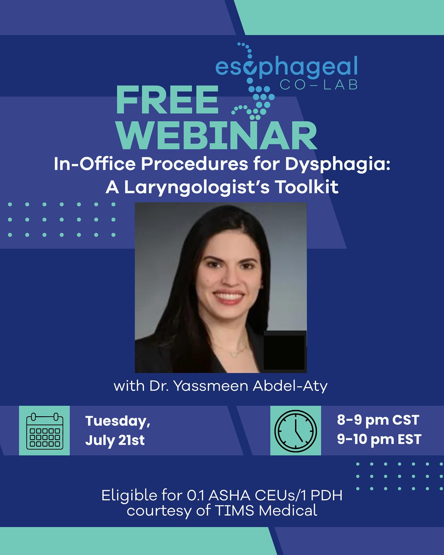 Ever wonder EXACTLY what procedures and surgeries our incredible Laryngology partners can do to help patients with dysphagia and swallow impairment? 💉🔪🧽 Let one of our experts tell you ALL about! 🧠
Join @yassmeen.abdelaty.md for a FREE deep dive you don't want to miss!
📅 Tuesday, July 19th
⏰ 8-9pm CST / 9-10 pm EST
💡0.1 ASHA CEUs / 1 PDH courtesy of @TIMSmedical
Link in bio to register!
#esophagealcolab #medslp #freewebinar #ashaceus #laryngology #dysphagia