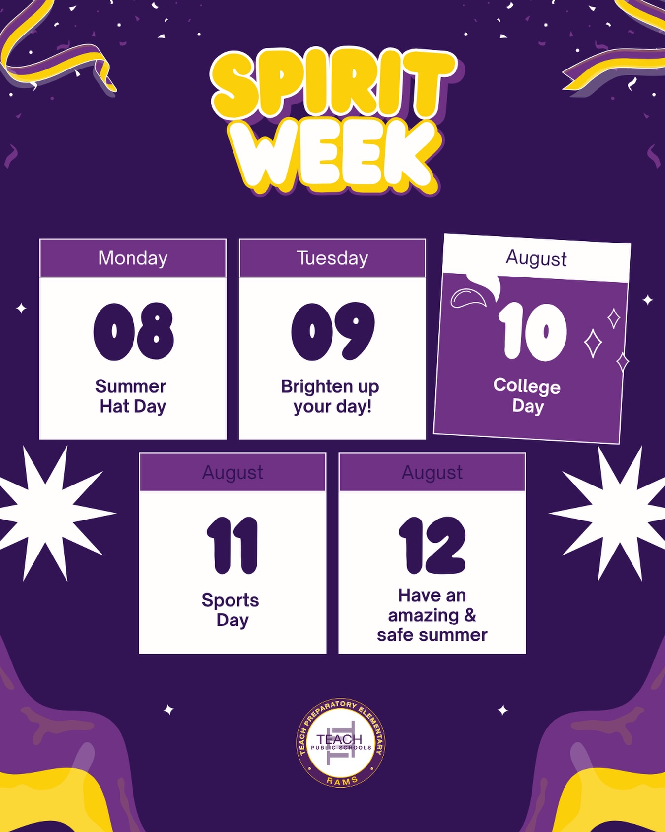🌟 SPIRIT WEEK AT TEACH PREP! 🌟
Get ready to show your school spirit all week long as we celebrate the countdown to summer! ☀️🎉
📅 Monday, June 8 — Summer Hat Day 👒
📅 Tuesday, June 9 — Bright & Sunny Day 💛 (Wear yellow or anything cheerful!)
📅 Wednesday, June 10 — College Day 🎓
📅 Thursday, June 11 — Sports Day 🏀⚽🏈
📅 Friday, June 12 — Have an amazing, safe summer! ☀️
Let’s finish the school year strong with energy, pride, and lots of spirit! 💙💛
#TEACHPrep #SpiritWeek #SchoolSpirit #CountdownToSummer #GoTEACH