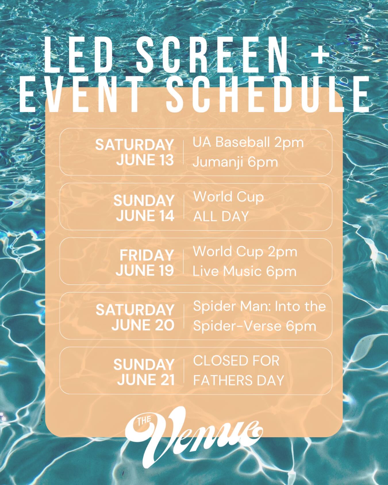 Check out our LED Screen + Event Schedule and make plans to join us for movies, live music, sports for this weekend and next week. 🎶⚾⚽️🍿🌎
‼️‼️Outside food and drinks are not allowed‼️‼️
The good news? We’ve got you covered with delicious options for everyone! Enjoy Finny’s Pub favorites, refreshing cocktails and mocktails, sweet treats from Liza’s Sweet Shoppe, and plenty of family-friendly menu items from Finny’s Pub, Rama Jamas, Santo Taco and Uncle Nick’s Pizza while you relax and enjoy the show.
Grab your crew, bring the kids, and spend your summer nights with us at The Venue! 💙☀️🍔🍹🍦